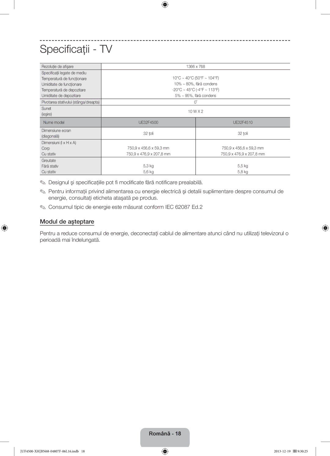 Samsung UE32F4500AWXXH, UE32F4510AWXZH, UE32F4500AWXZH, UE32F4500AWXZF, UE32F4510AWXZF manual Specificaţii, Modul de aşteptare 