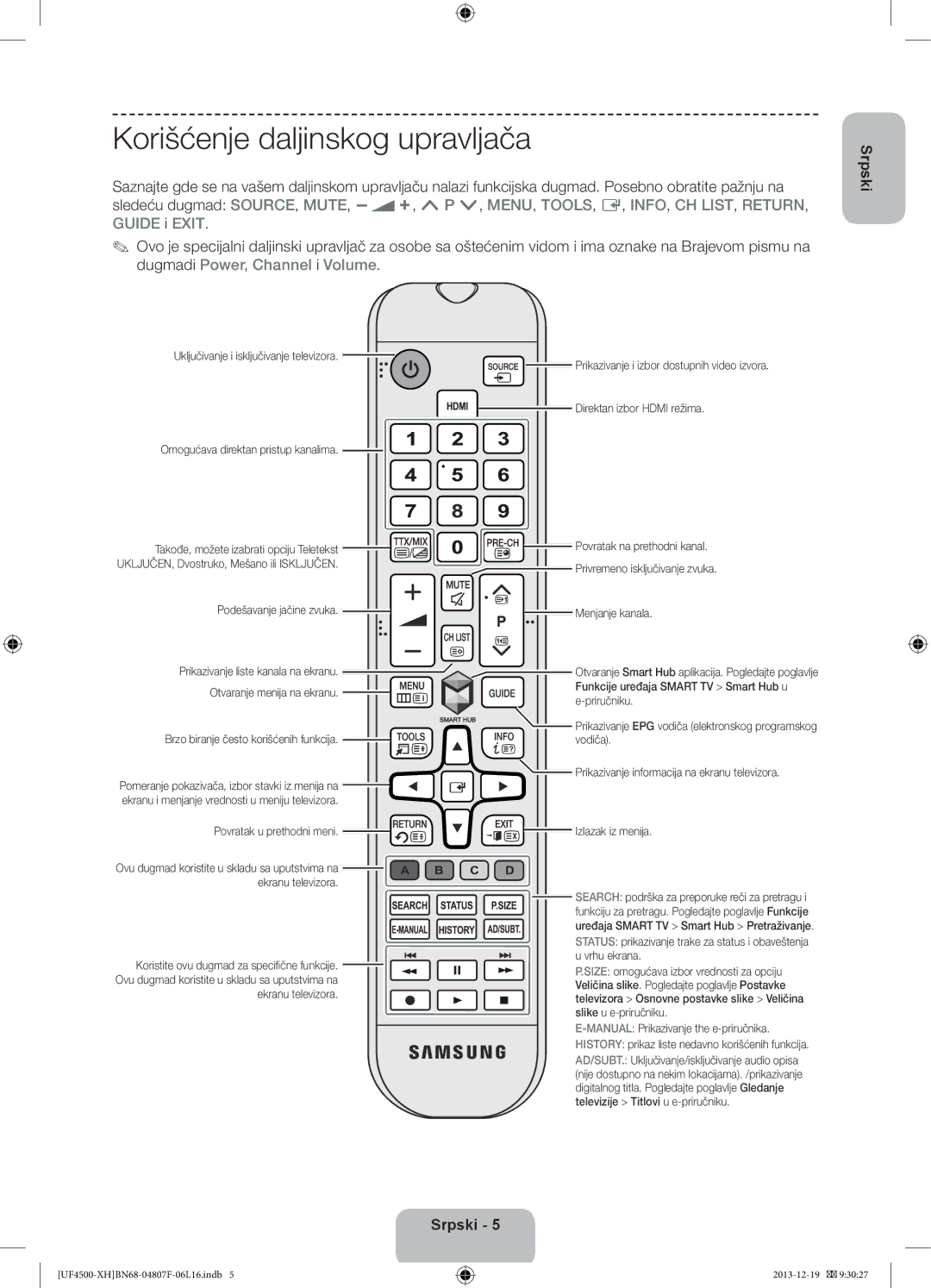 Samsung UE32F4510AWXXH, UE32F4510AWXZH, UE32F4500AWXZH, UE32F4500AWXXH, UE32F4500AWXZF manual Korišćenje daljinskog upravljača 