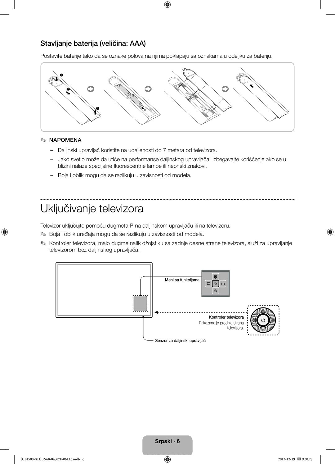 Samsung UE32F4510AWXZH, UE32F4500AWXZH manual Stavljanje baterija veličina AAA, Meni sa funkcijama Kontroler televizora 