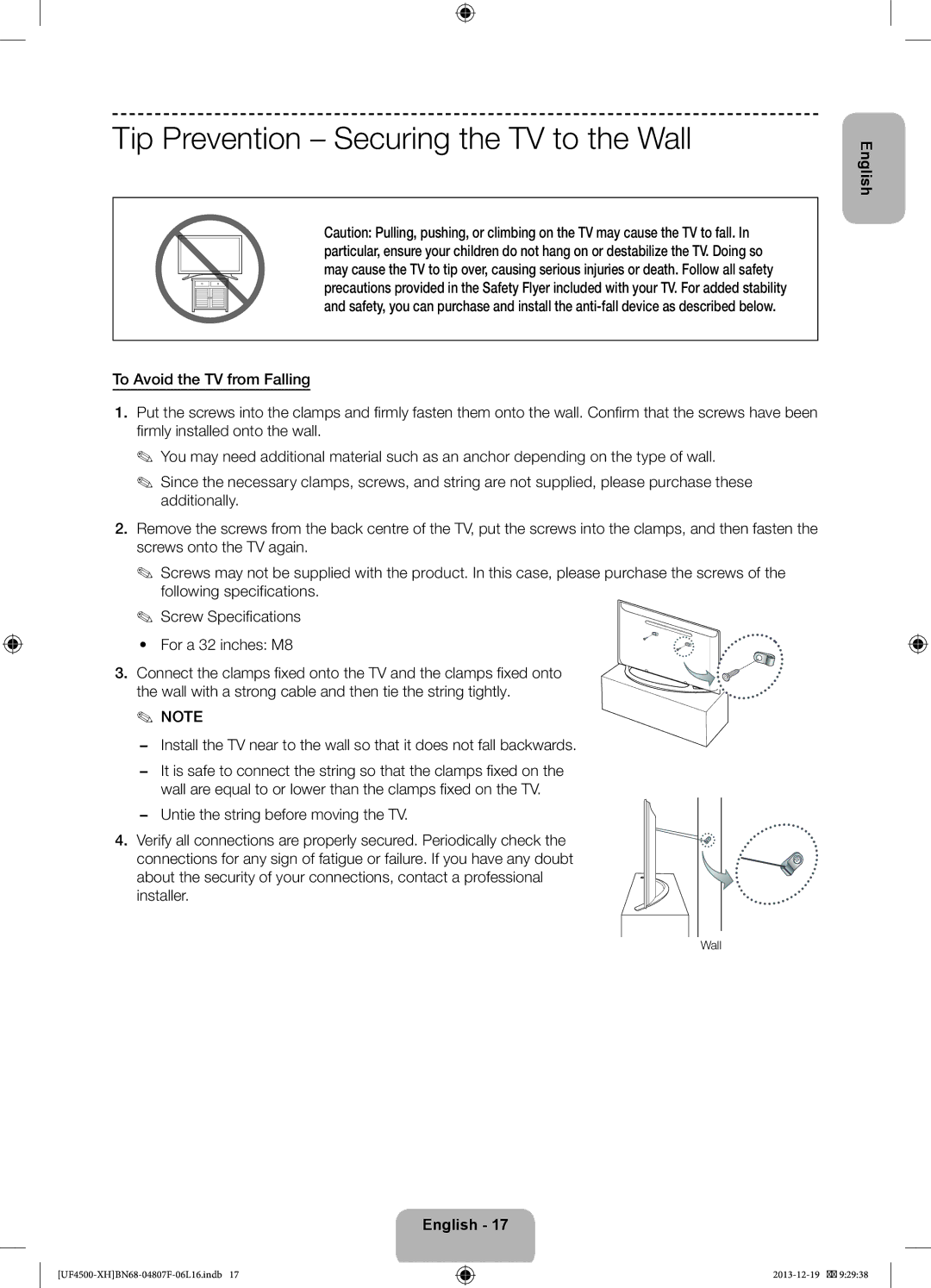 Samsung UE32F4500AWXZH, UE32F4510AWXZH, UE32F4500AWXXH, UE32F4500AWXZF manual Tip Prevention Securing the TV to the Wall 