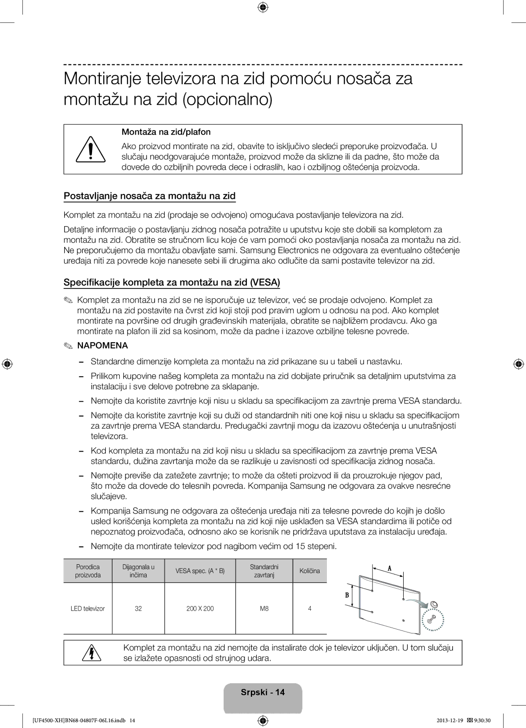 Samsung UE32F4510AWXZH manual Postavljanje nosača za montažu na zid, Specifikacije kompleta za montažu na zid Vesa 