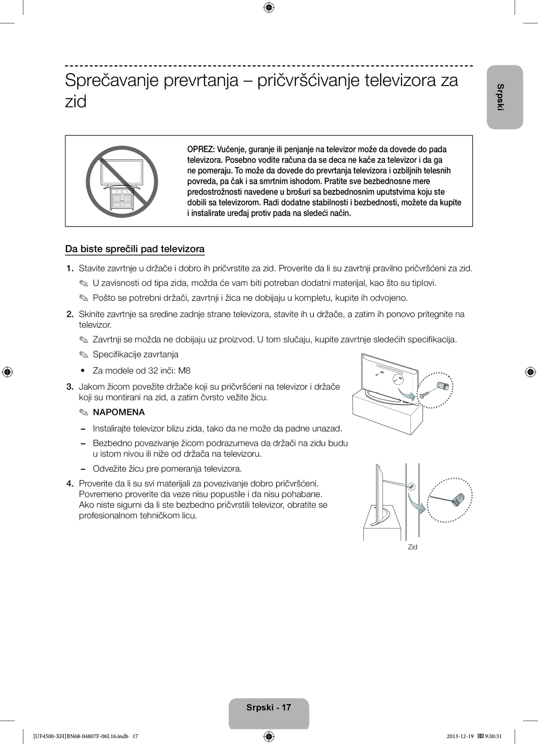 Samsung UE32F4500AWXZF manual Sprečavanje prevrtanja pričvršćivanje televizora za zid, Da biste sprečili pad televizora 