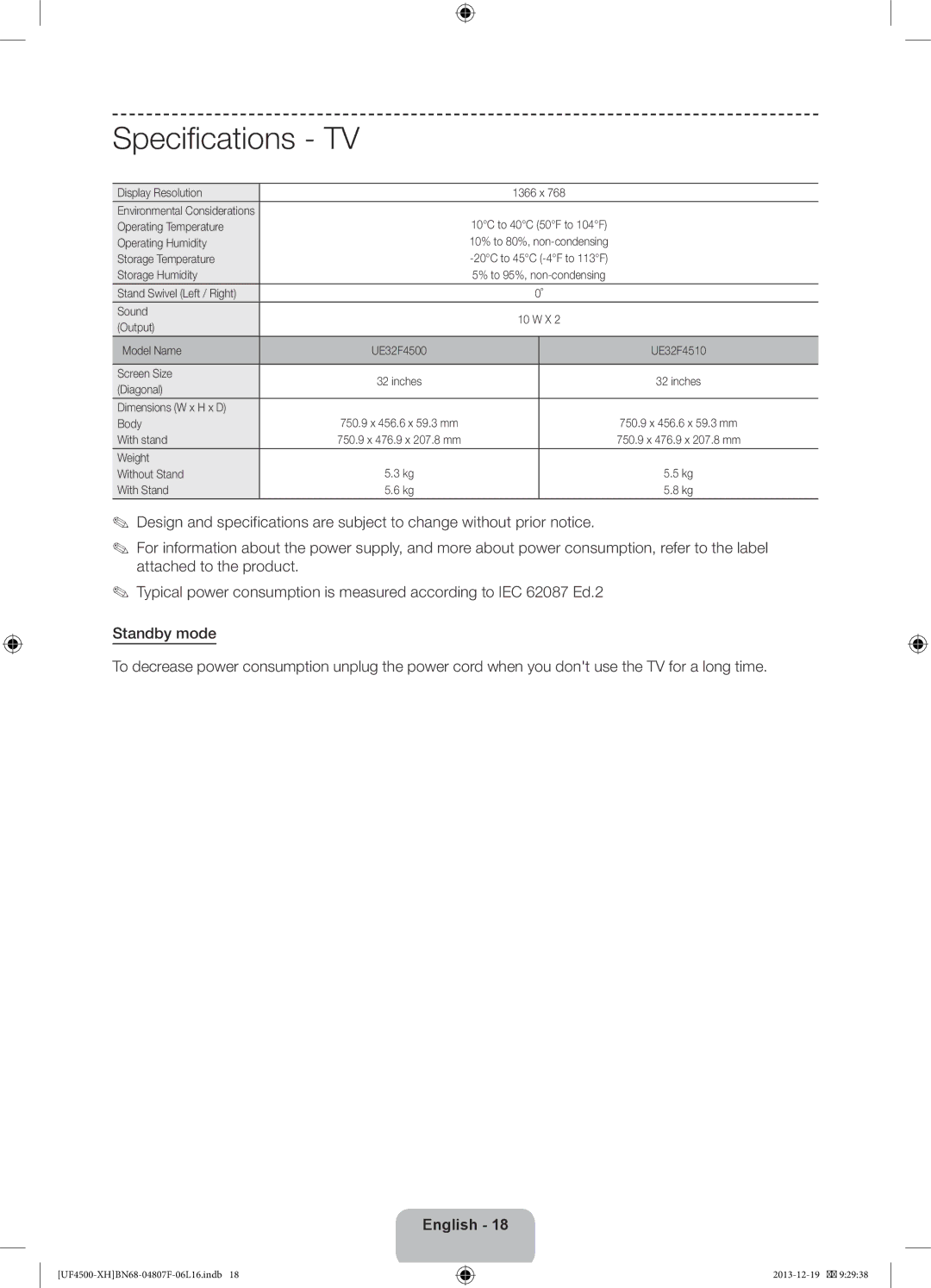 Samsung UE32F4500AWXXH, UE32F4510AWXZH, UE32F4500AWXZH, UE32F4500AWXZF, UE32F4510AWXZF, UE32F4510AWXXC manual Specifications 