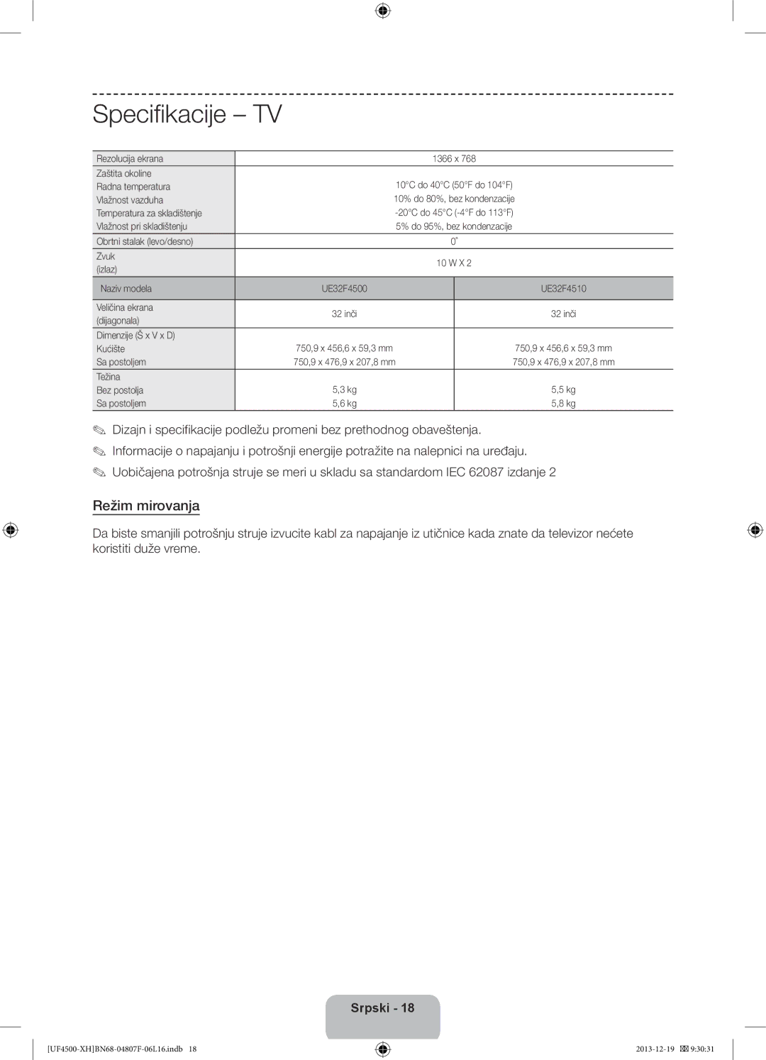 Samsung UE32F4510AWXZF, UE32F4510AWXZH, UE32F4500AWXZH, UE32F4500AWXXH, UE32F4500AWXZF manual Specifikacije, Režim mirovanja 