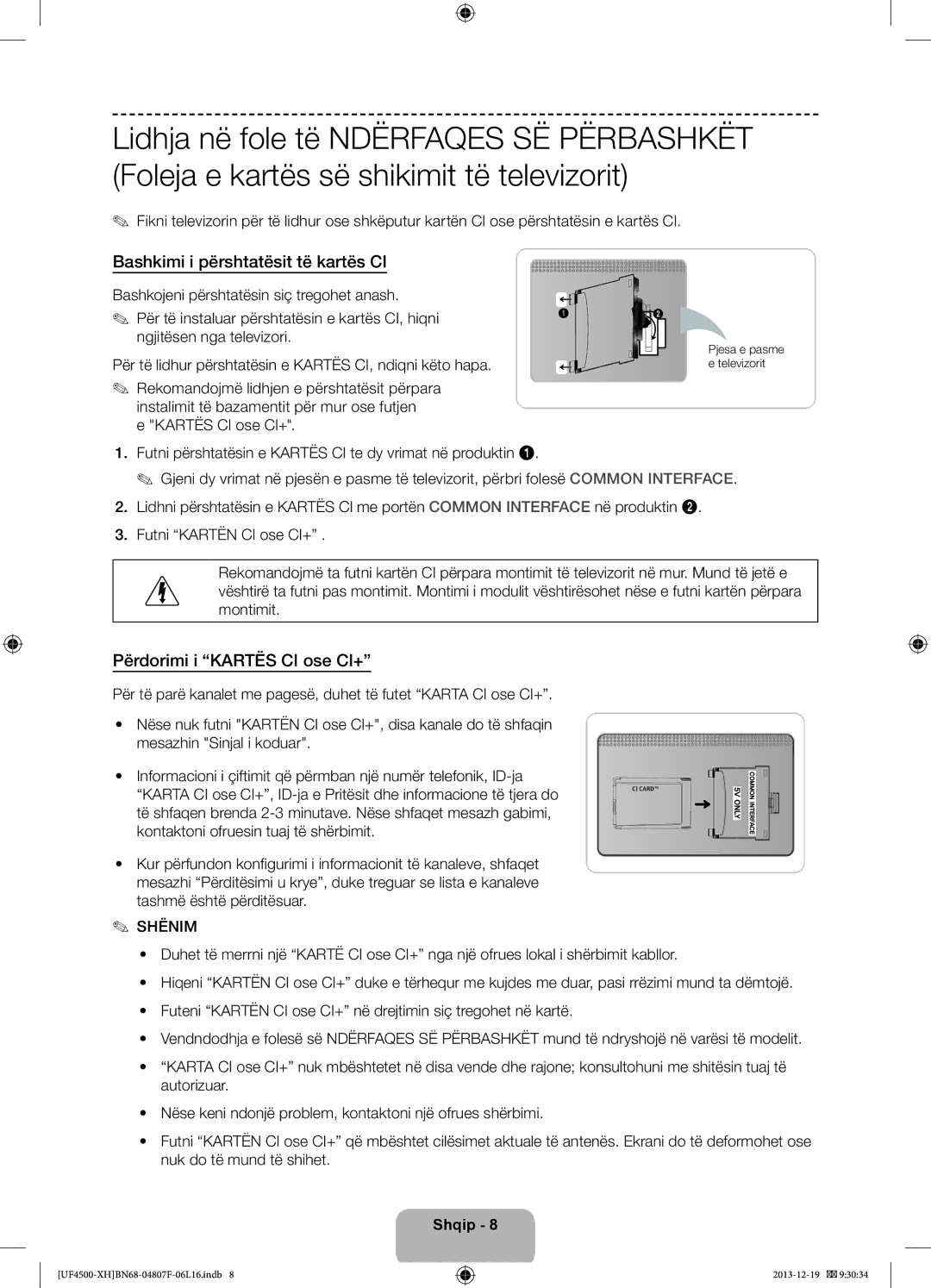 Samsung UE32F4510AWXZF Bashkimi i përshtatësit të kartës CI, Përdorimi i Kartës CI ose CI+, Pjesa e pasme e televizorit 