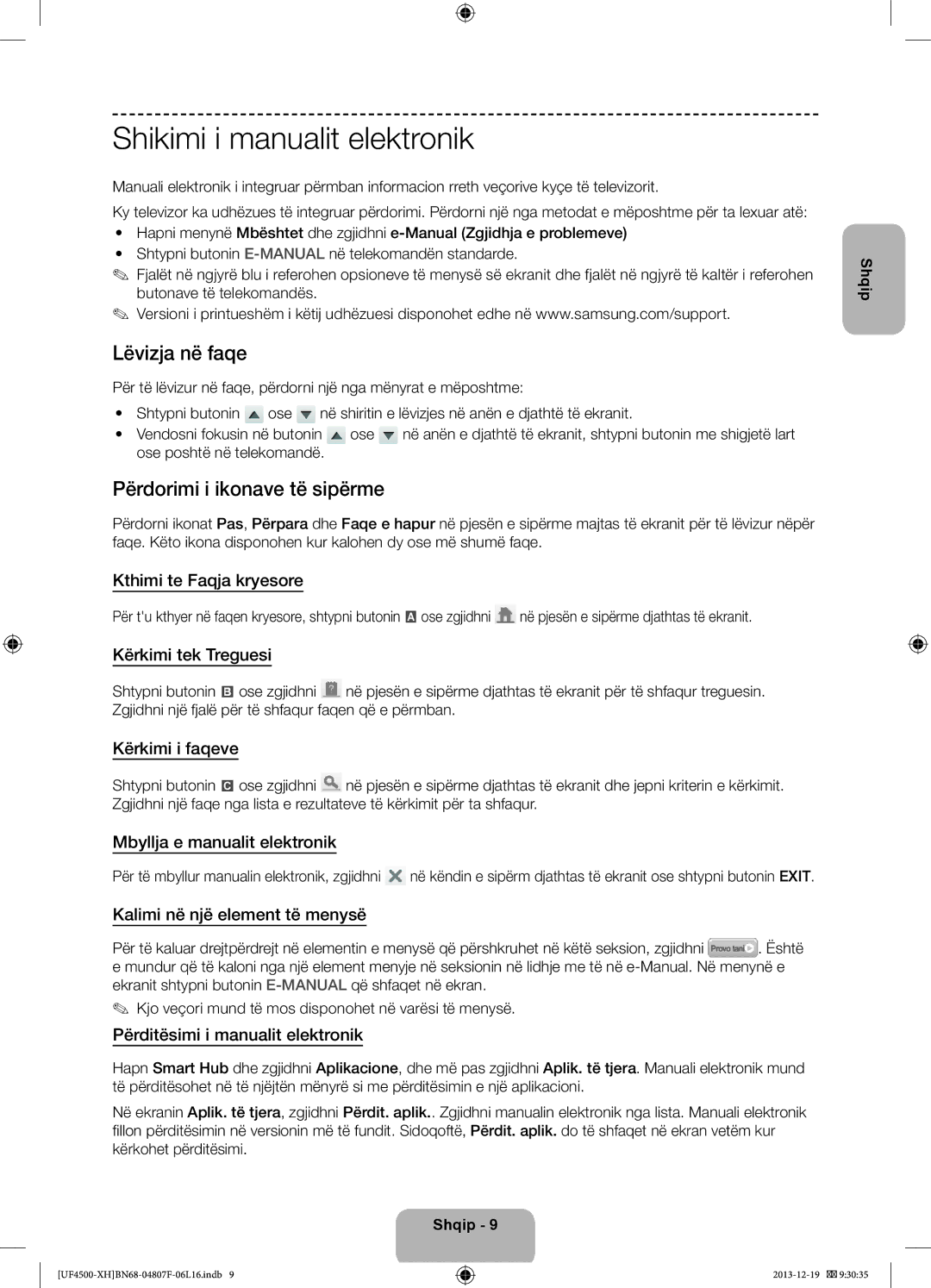 Samsung UE32F4510AWXXC, UE32F4510AWXZH Shikimi i manualit elektronik, Lëvizja në faqe, Përdorimi i ikonave të sipërme 