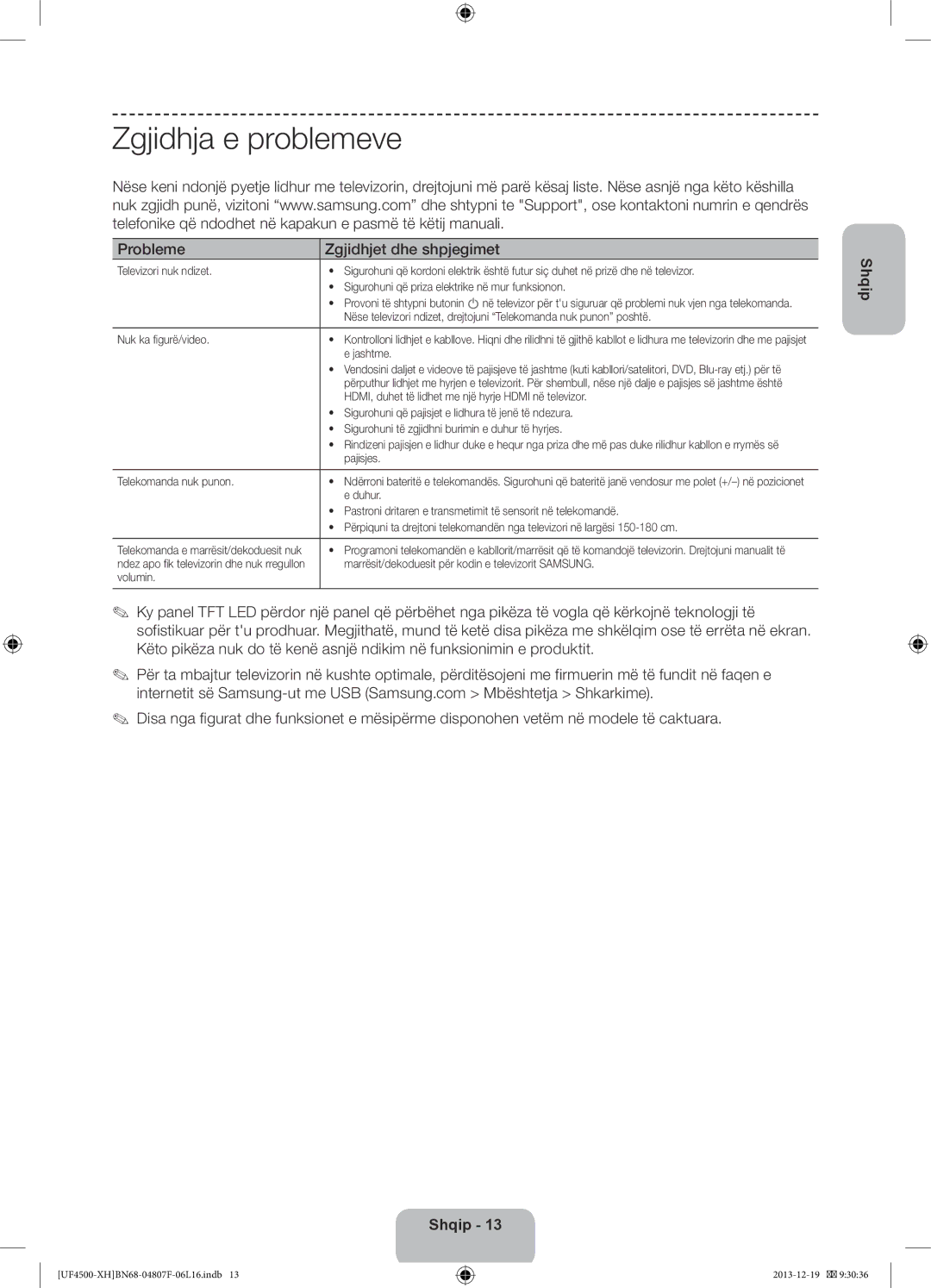 Samsung UE32F4500AWXZH, UE32F4510AWXZH, UE32F4500AWXXH manual Zgjidhja e problemeve, Probleme Zgjidhjet dhe shpjegimet 