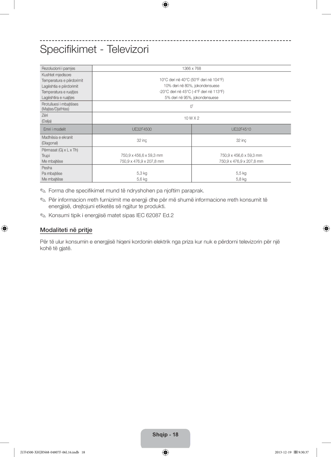 Samsung UE32F4500AWXXC, UE32F4510AWXZH, UE32F4500AWXZH, UE32F4500AWXXH manual Specifikimet Televizori, Modaliteti në pritje 