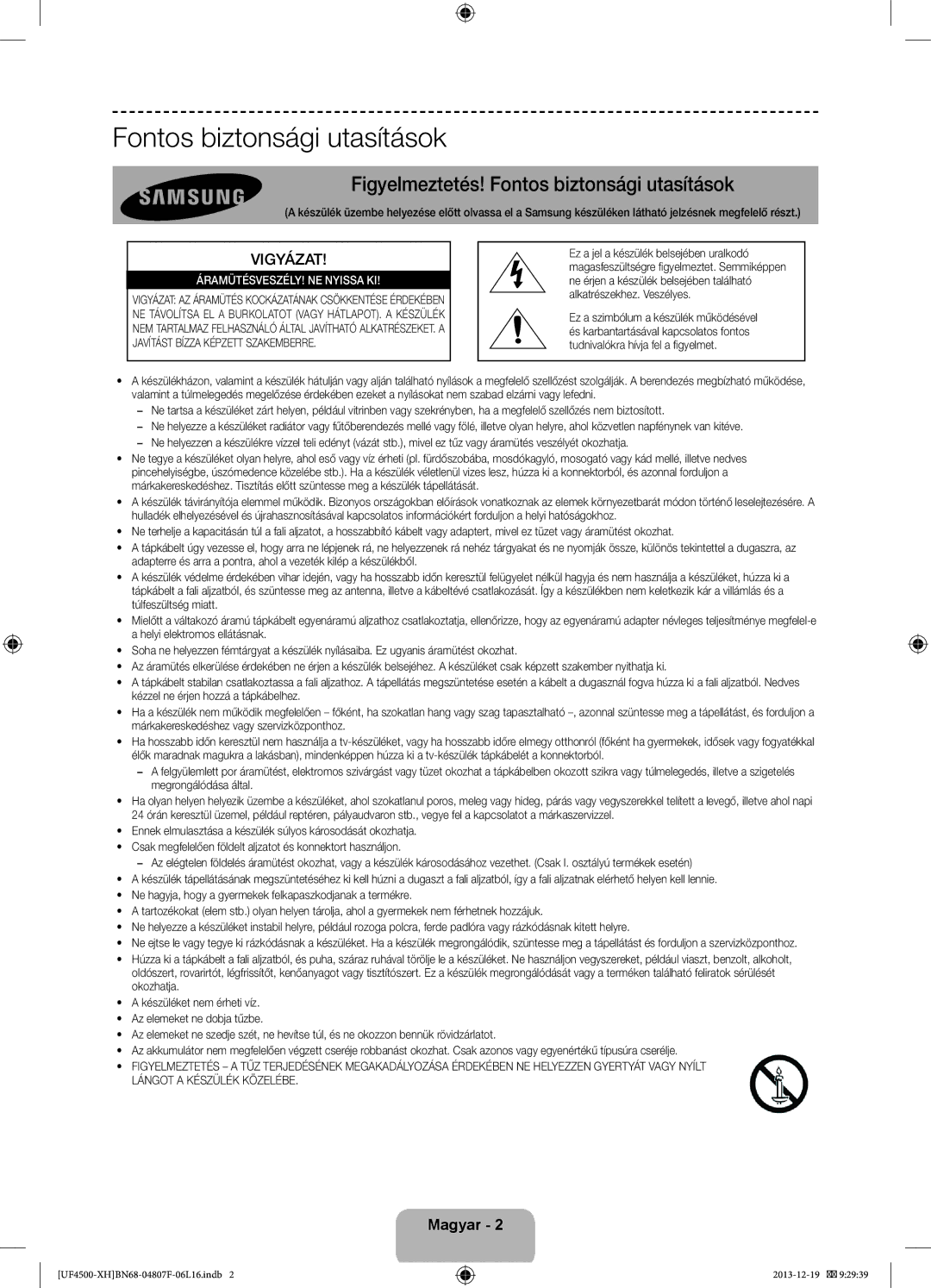 Samsung UE32F4510AWXZF, UE32F4510AWXZH, UE32F4500AWXZH Figyelmeztetés! Fontos biztonsági utasítások, Vigyázat, Magyar 