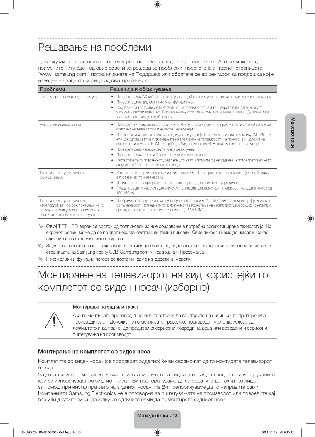 Samsung UE32F4500AWXZF manual Решавање на проблеми, Монтирање на комплетот со ѕиден носач, Проблеми Решенија и објаснувања 