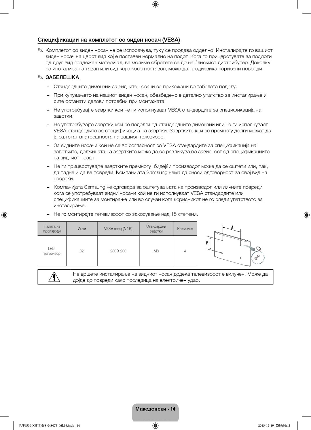 Samsung UE32F4510AWXZF Спецификации на комплетот со ѕиден носач Vesa, Палета на Инчи Vesa спец.A * B Стандардни Количина 