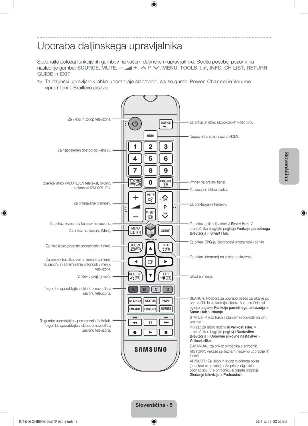 Samsung UE32F4510AWXXC, UE32F4510AWXZH, UE32F4500AWXZH, UE32F4500AWXXH, UE32F4500AWXZF manual Uporaba daljinskega upravljalnika 