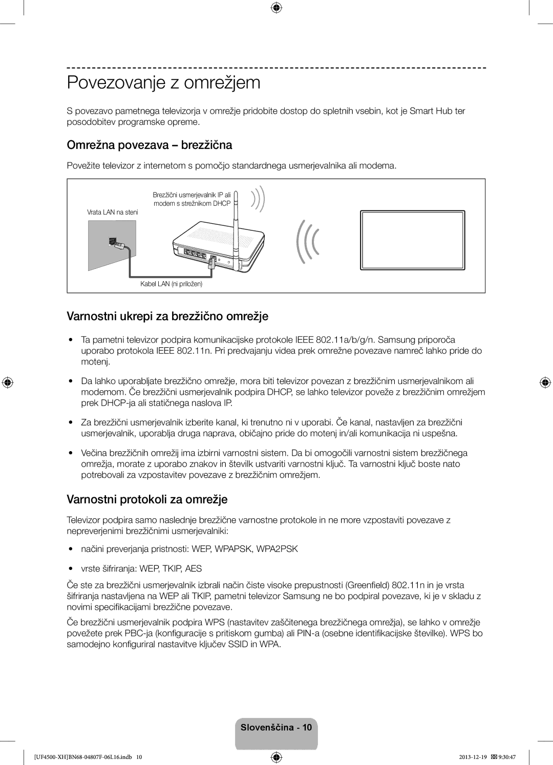 Samsung UE32F4500AWXXH manual Povezovanje z omrežjem, Omrežna povezava brezžična, Varnostni ukrepi za brezžično omrežje 