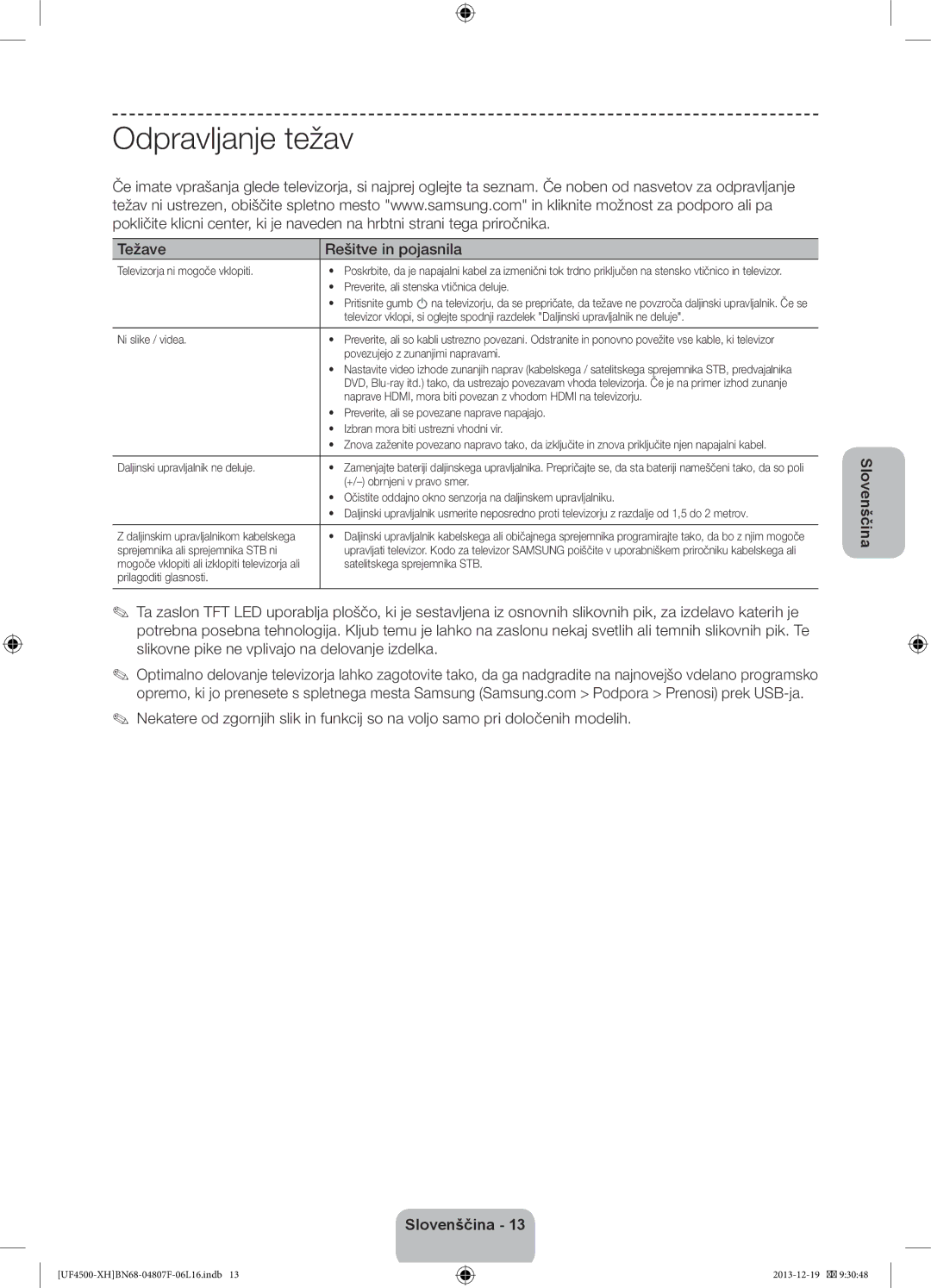 Samsung UE32F4510AWXXC, UE32F4510AWXZH, UE32F4500AWXZH, UE32F4500AWXXH manual Odpravljanje težav, Težave Rešitve in pojasnila 