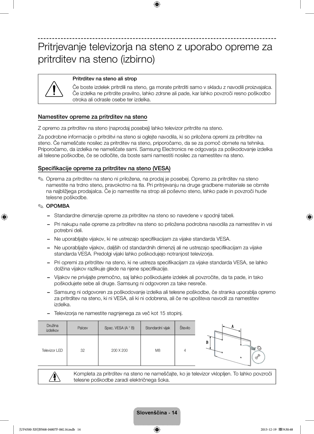 Samsung UE32F4500AWXXC manual Namestitev opreme za pritrditev na steno, Specifikacije opreme za pritrditev na steno Vesa 