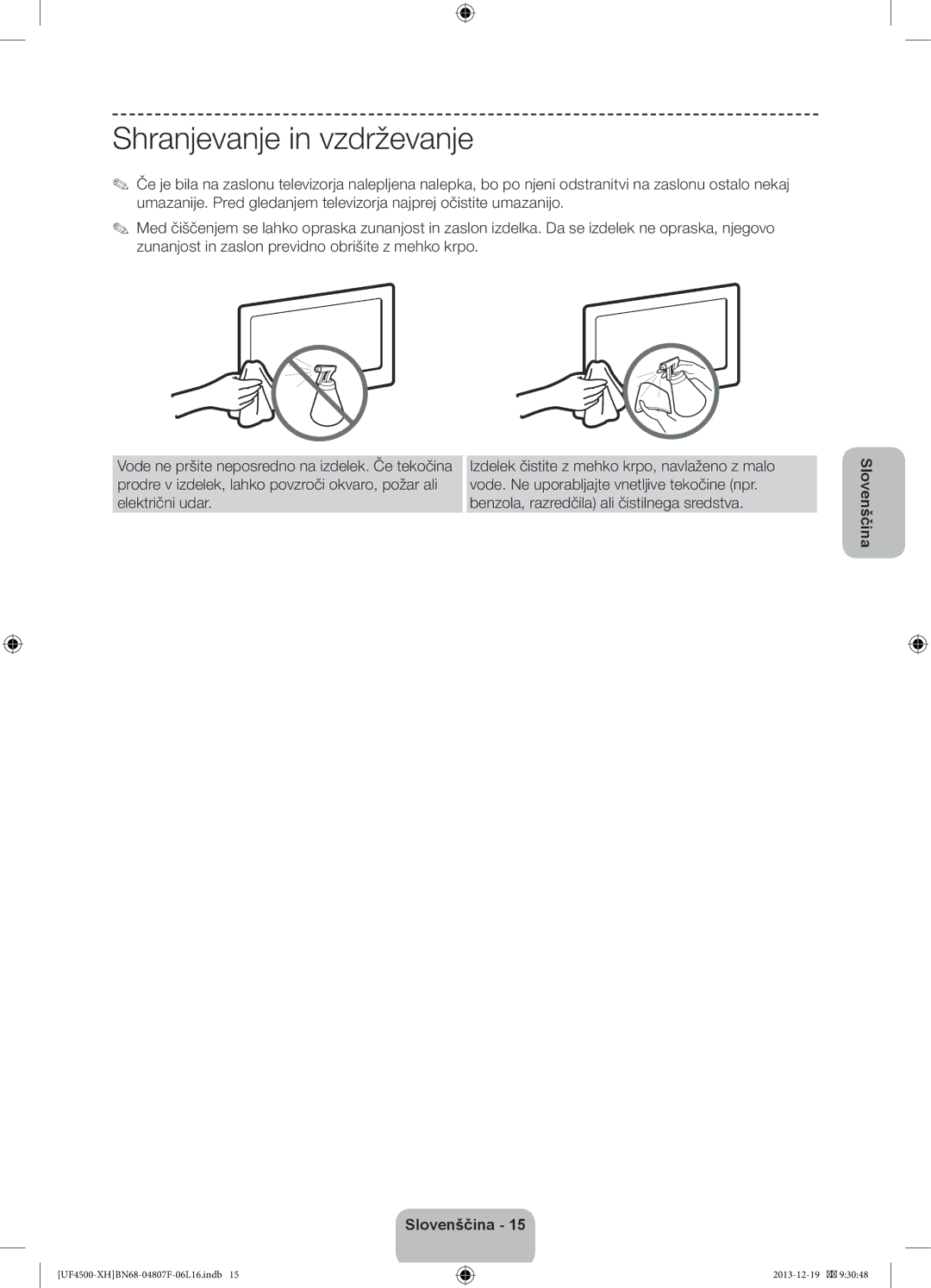 Samsung UE32F4510AWXXH, UE32F4510AWXZH, UE32F4500AWXZH, UE32F4500AWXXH, UE32F4500AWXZF manual Shranjevanje in vzdrževanje 