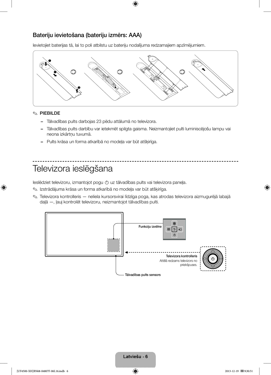 Samsung UE32F4510AWXZH Televizora ieslēgšana, Bateriju ievietošana bateriju izmērs AAA, Piebilde, Tālvadības pults sensors 