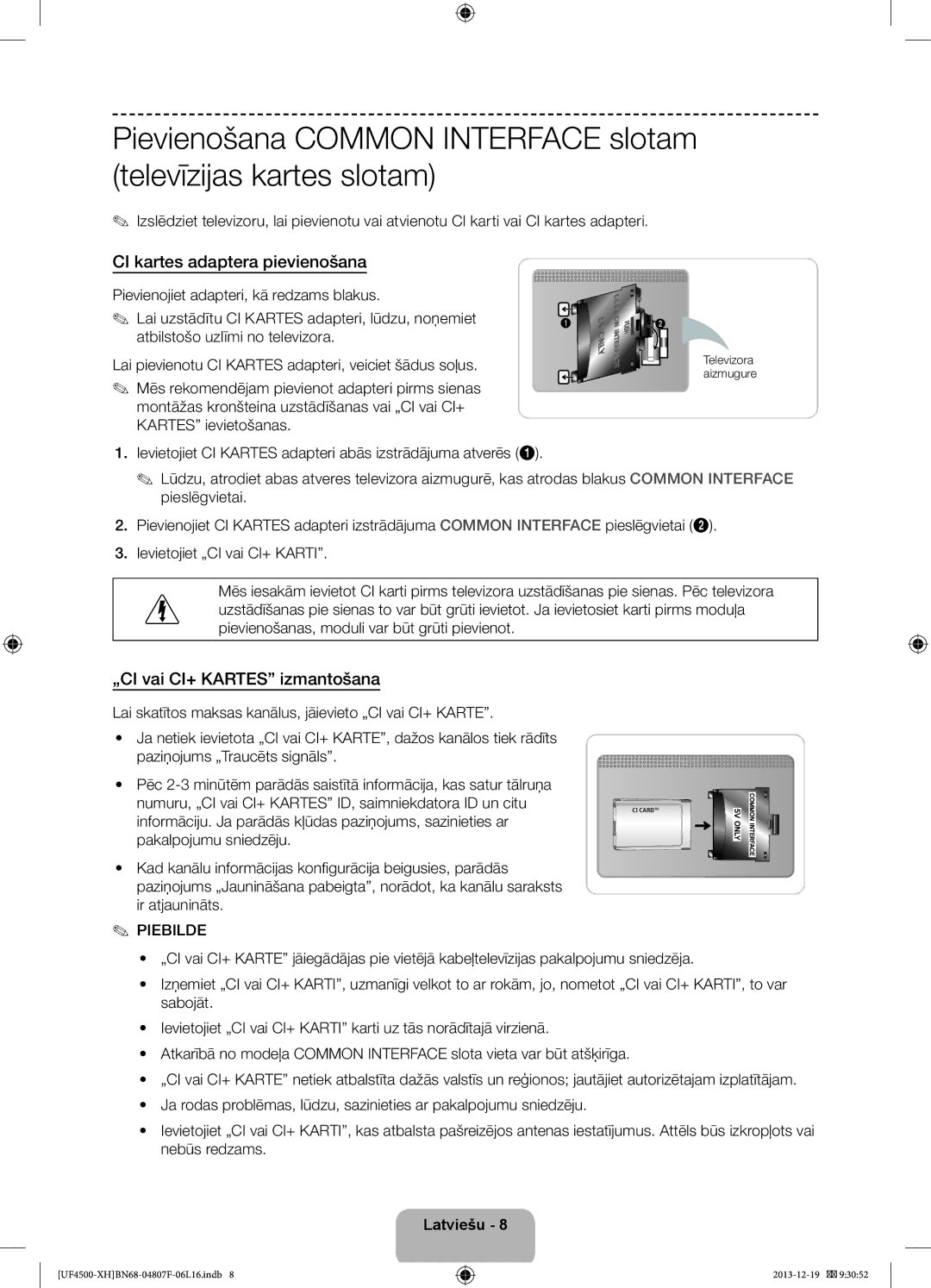 Samsung UE32F4500AWXXH manual CI kartes adaptera pievienošana, „CI vai CI+ Kartes izmantošana, Televizora aizmugure 