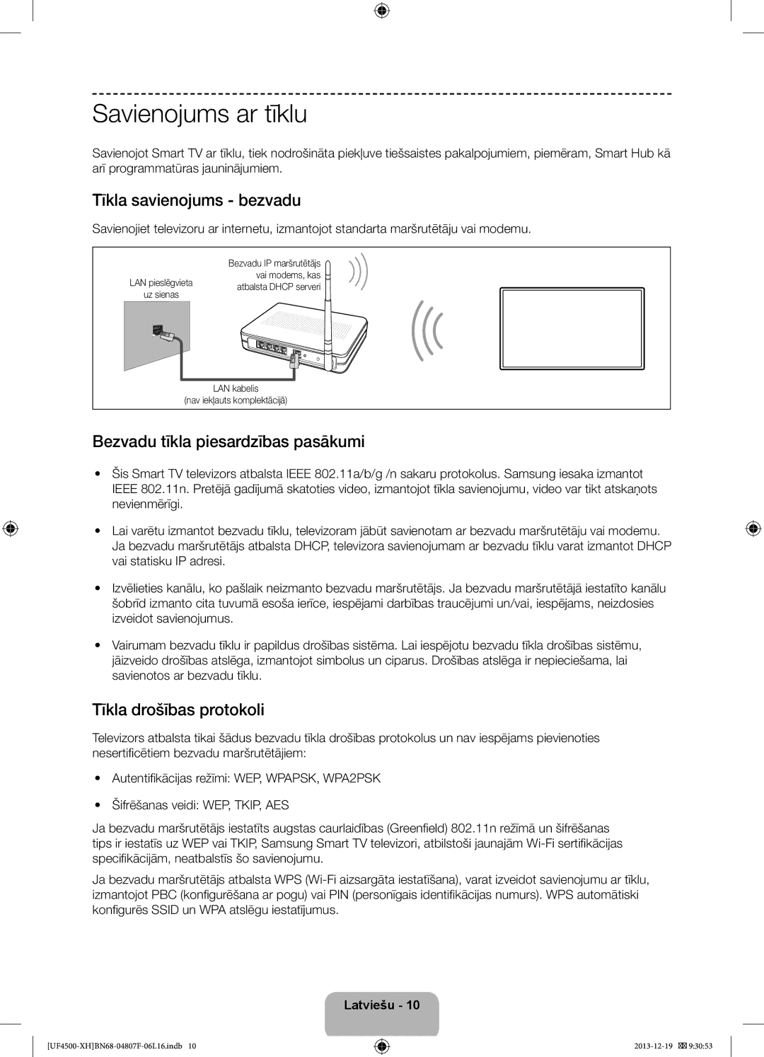 Samsung UE32F4510AWXZF manual Savienojums ar tīklu, Tīkla savienojums bezvadu, Bezvadu tīkla piesardzības pasākumi 