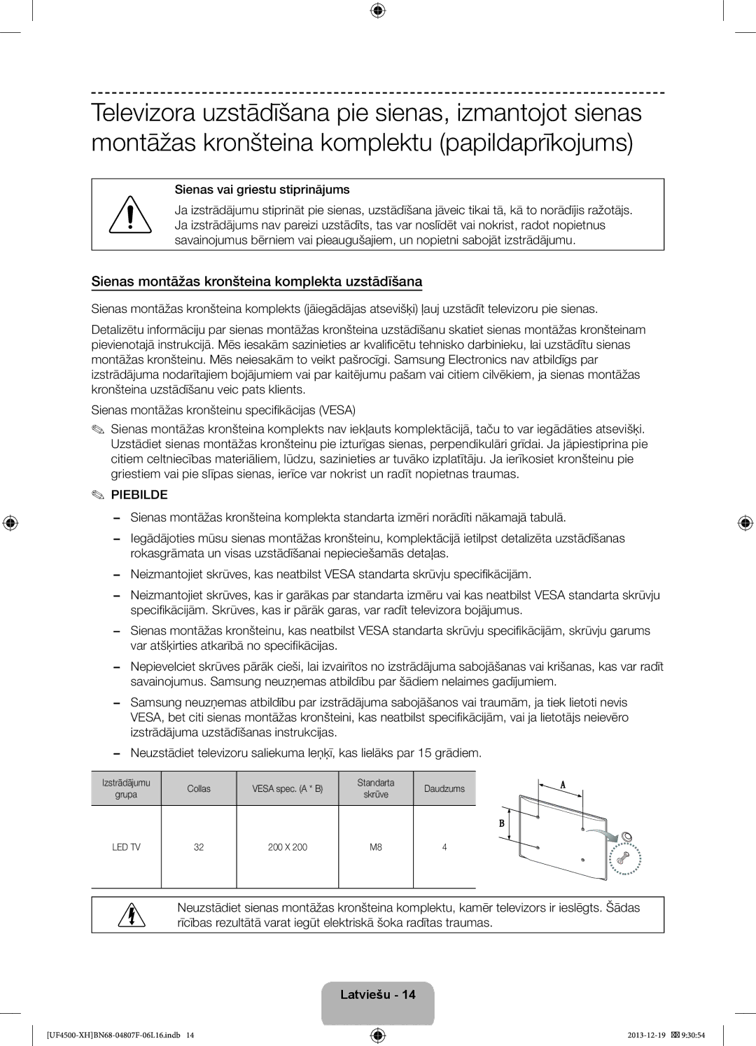 Samsung UE32F4510AWXZH, UE32F4500AWXZH Sienas montāžas kronšteina komplekta uzstādīšana, Sienas vai griestu stiprinājums 