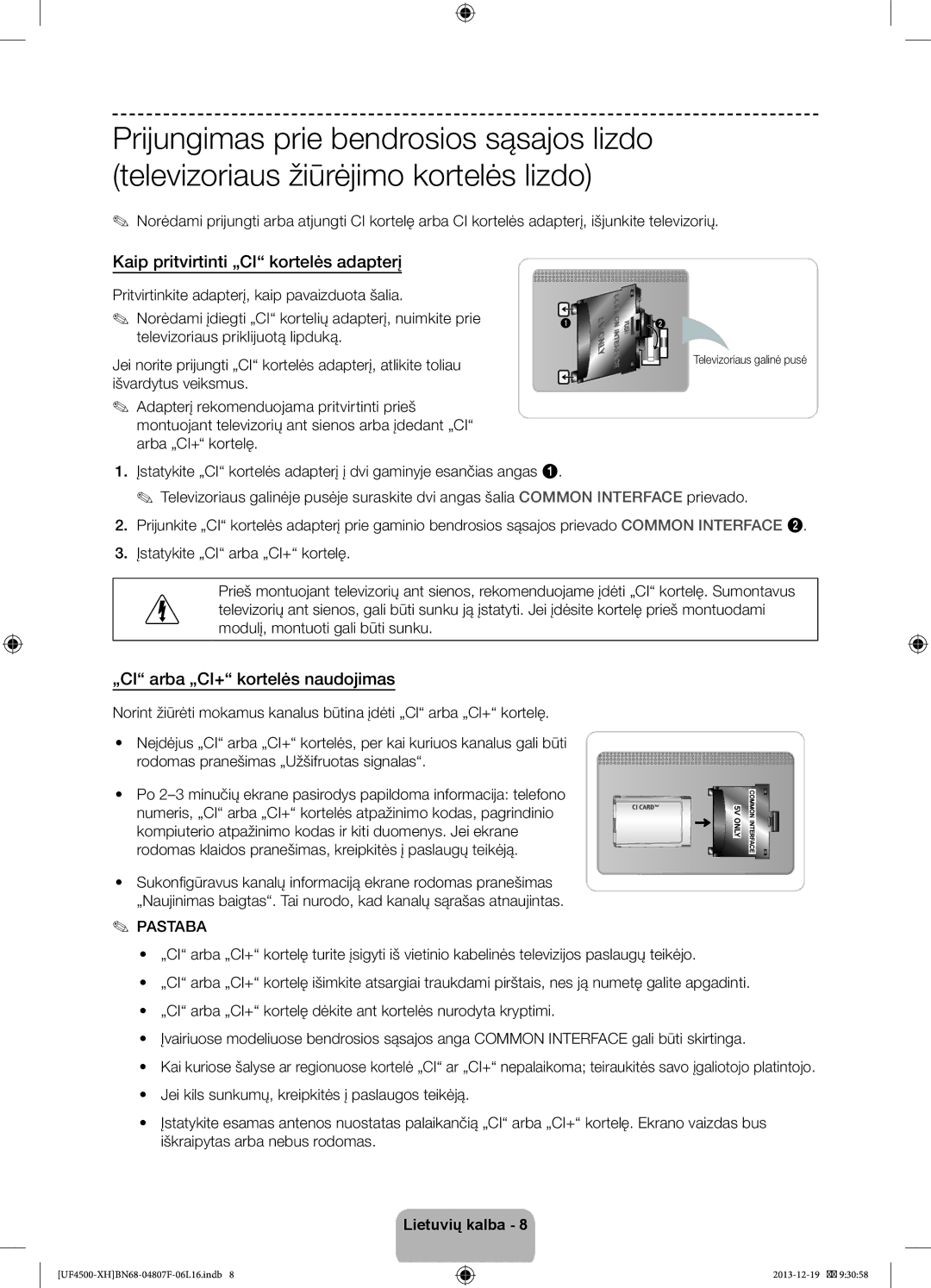 Samsung UE32F4510AWXZF, UE32F4510AWXZH manual Kaip pritvirtinti „CI kortelės adapterį, „CI arba „CI+ kortelės naudojimas 