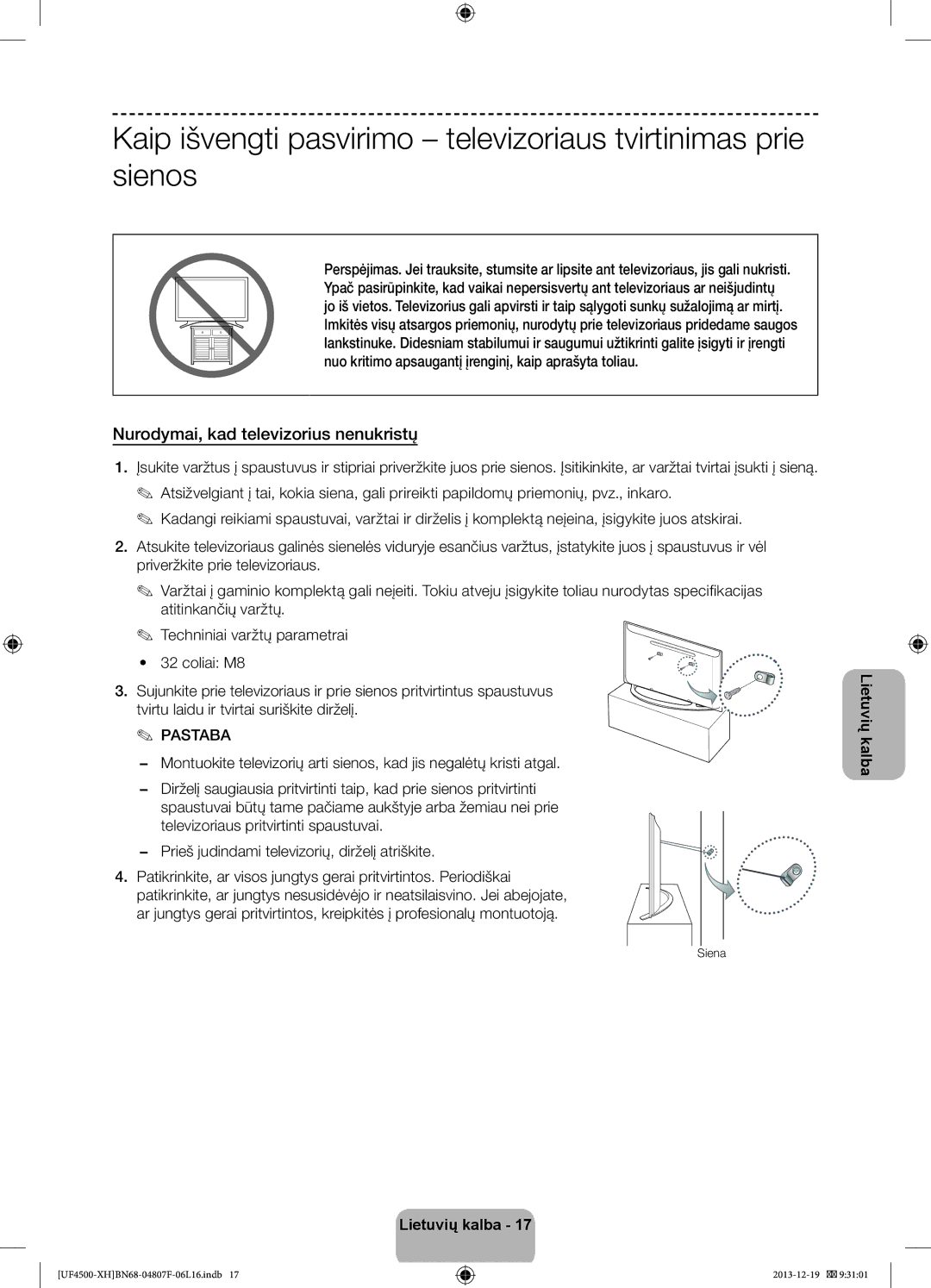 Samsung UE32F4510AWXXC, UE32F4510AWXZH, UE32F4500AWXZH, UE32F4500AWXXH manual Nurodymai, kad televizorius nenukristų, Pastaba 