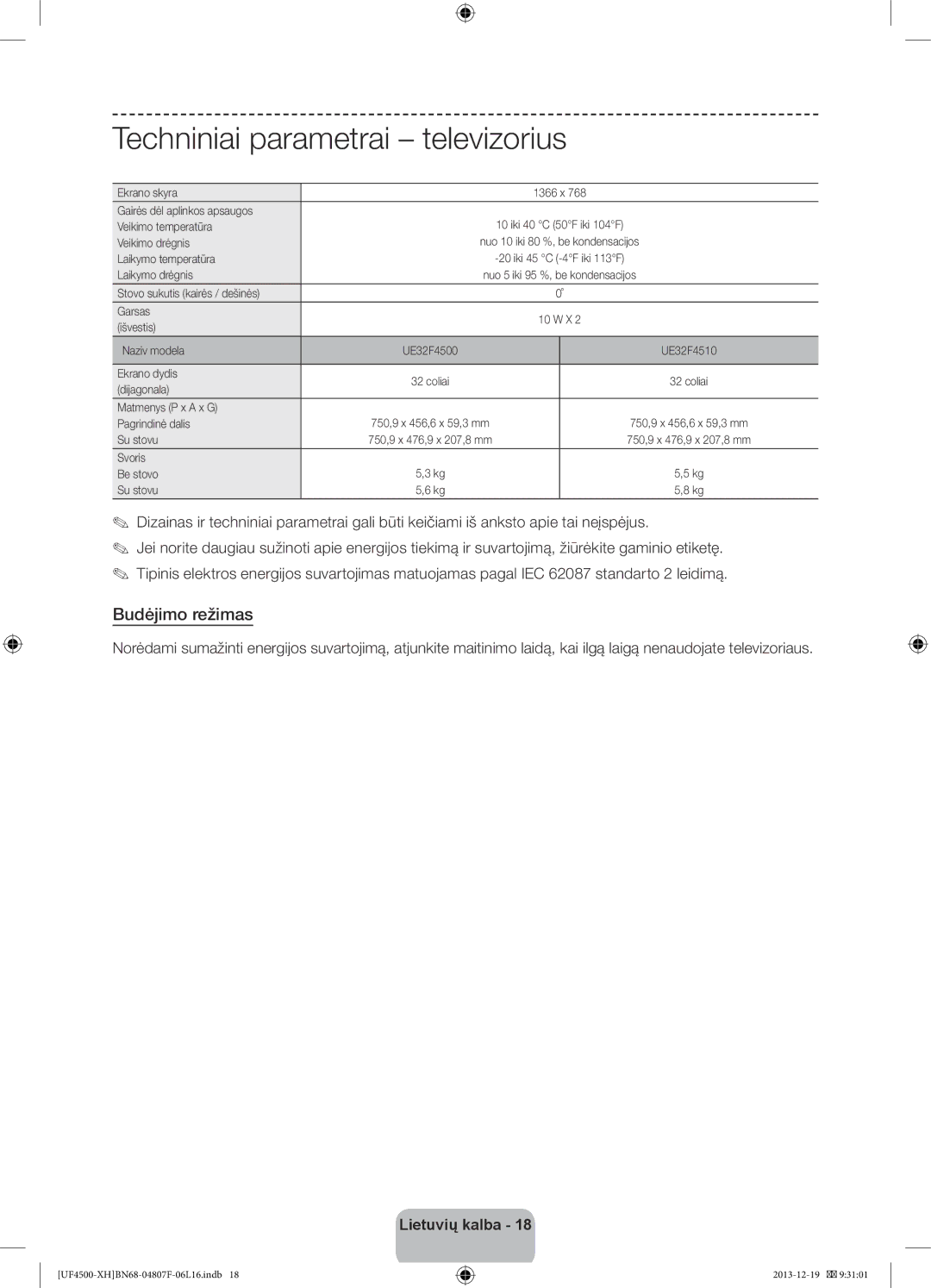 Samsung UE32F4500AWXXC, UE32F4510AWXZH, UE32F4500AWXZH, UE32F4500AWXXH Techniniai parametrai televizorius, Budėjimo režimas 