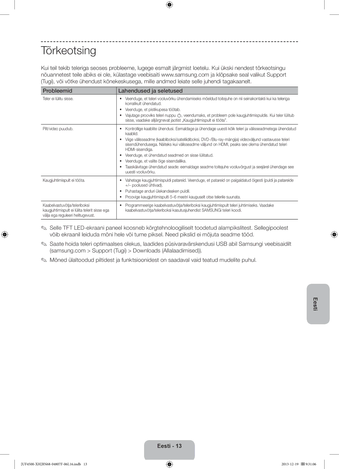 Samsung UE32F4500AWXZF, UE32F4510AWXZH, UE32F4500AWXZH, UE32F4500AWXXH manual Tõrkeotsing, Probleemid Lahendused ja seletused 