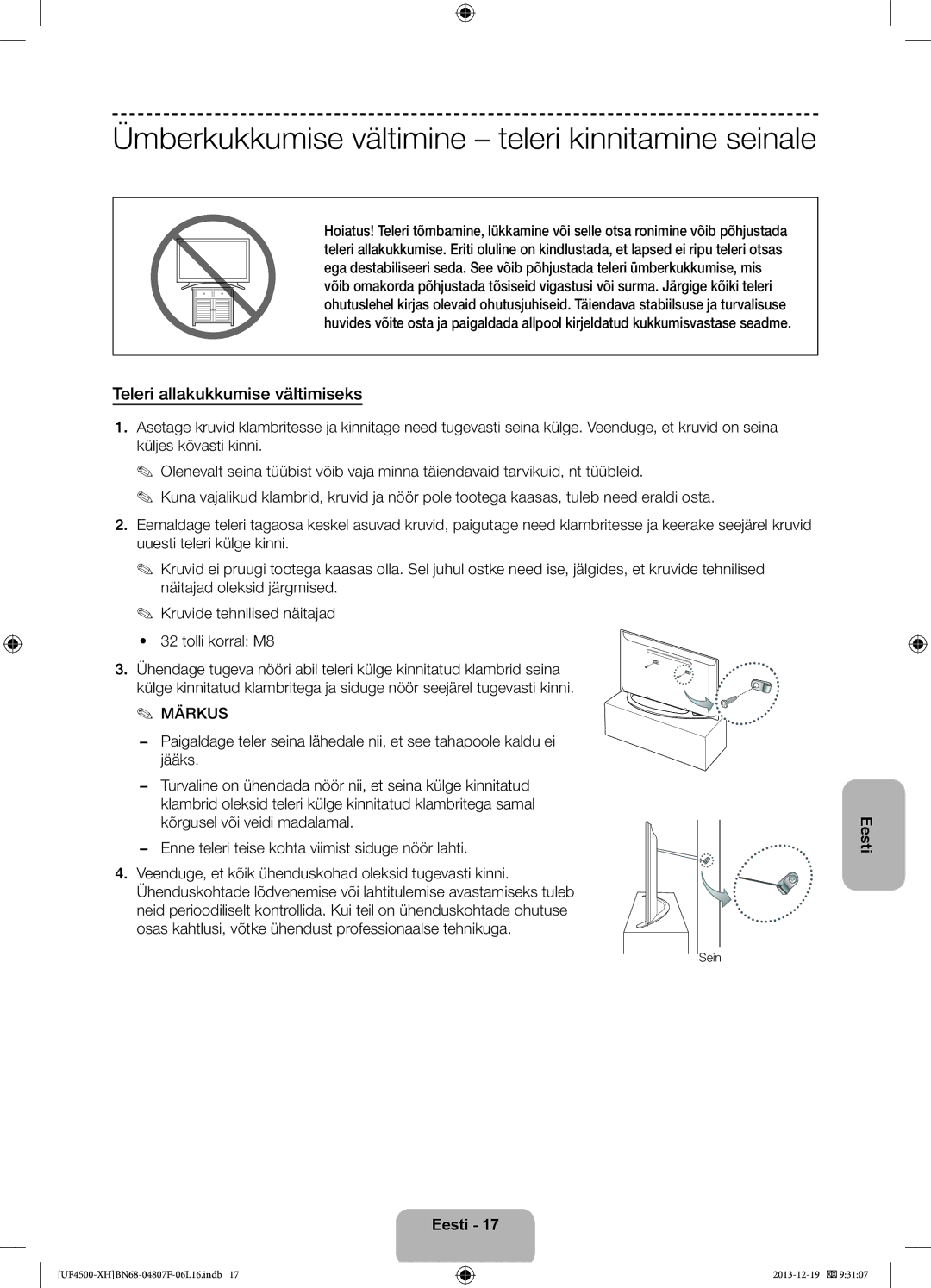 Samsung UE32F4510AWXXH manual Ümberkukkumise vältimine teleri kinnitamine seinale, Teleri allakukkumise vältimiseks, Sein 