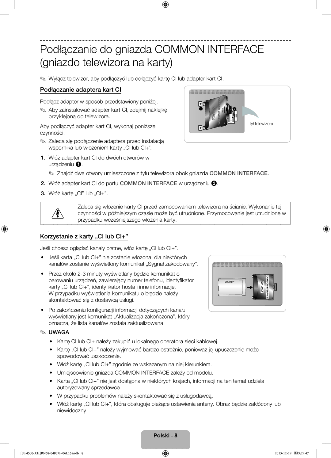 Samsung UE32F4510AWXZF, UE32F4510AWXZH manual Podłączanie adaptera kart CI, Korzystanie z karty „CI lub CI+, Tył telewizora 