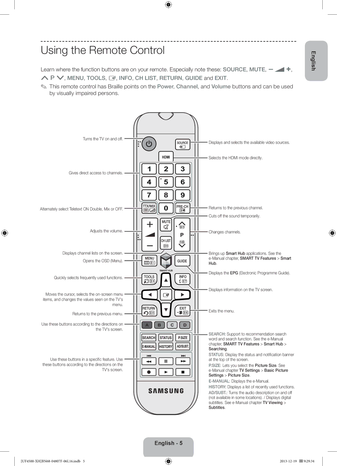 Samsung UE32F4510AWXXC, UE32F4510AWXZH, UE32F4500AWXZH, UE32F4500AWXXH, UE32F4500AWXZF manual Using the Remote Control 