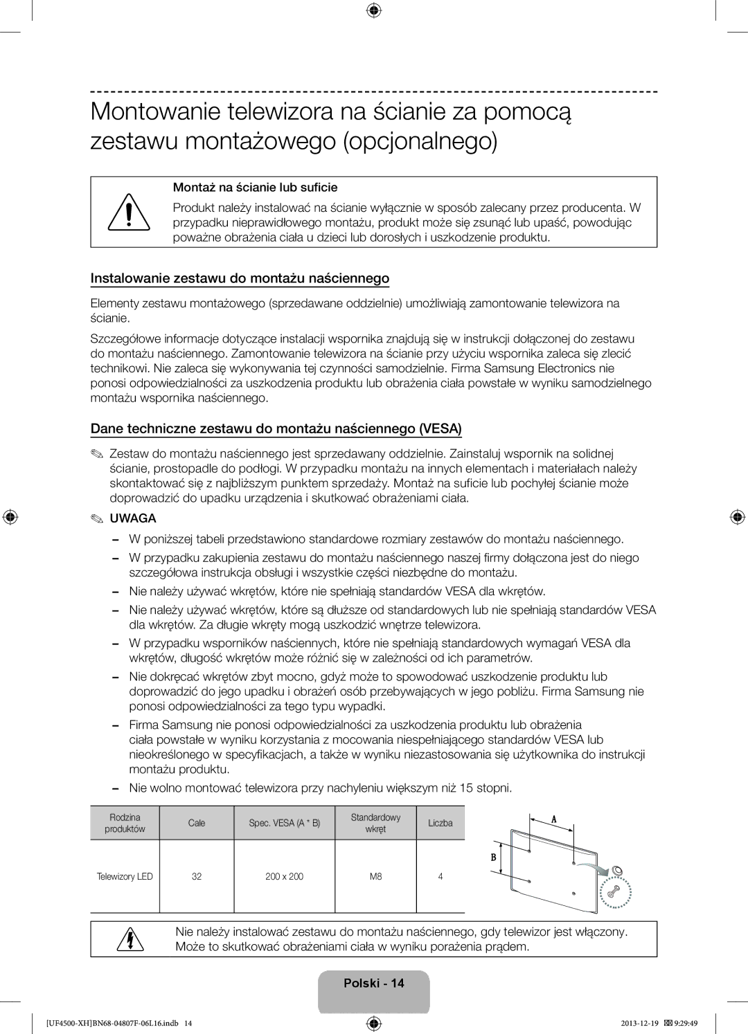 Samsung UE32F4500AWXXH Instalowanie zestawu do montażu naściennego, Dane techniczne zestawu do montażu naściennego Vesa 