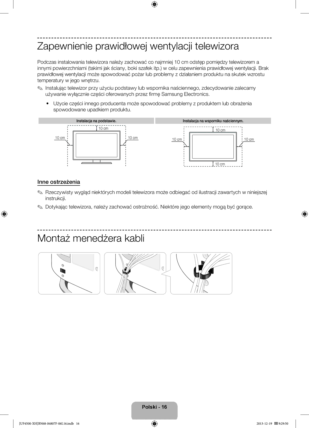 Samsung UE32F4510AWXZF manual Zapewnienie prawidłowej wentylacji telewizora, Montaż menedżera kabli, Inne ostrzeżenia 