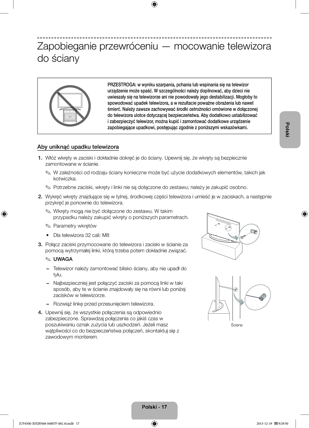 Samsung UE32F4510AWXXC manual Zapobieganie przewróceniu mocowanie telewizora do ściany, Aby uniknąć upadku telewizora 