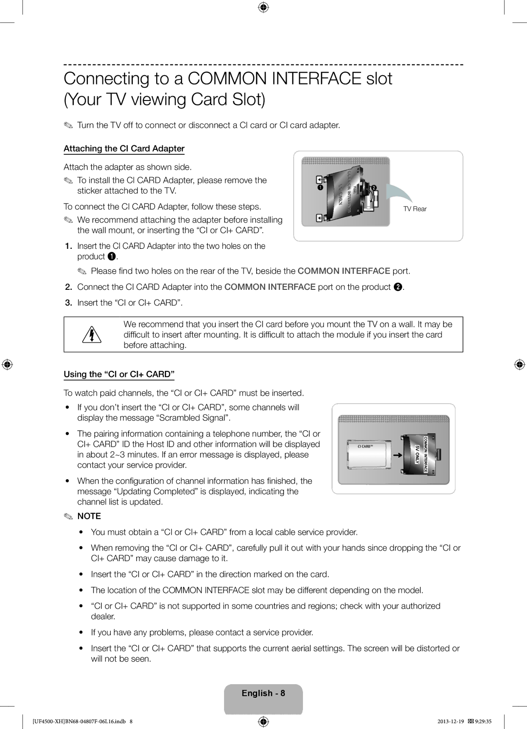 Samsung UE32F4510AWXZH, UE32F4500AWXZH manual Insert the CI Card Adapter into the two holes on the product, TV Rear 