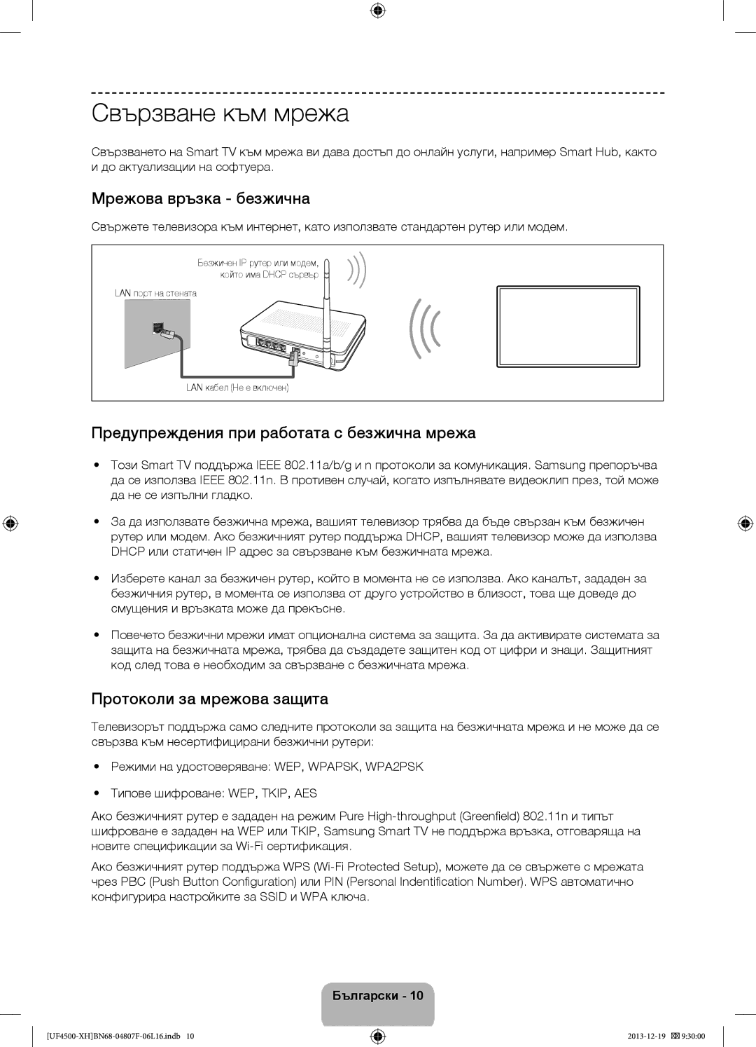 Samsung UE32F4500AWXXH manual Свързване към мрежа, Мрежова връзка безжична, Предупреждения при работата с безжична мрежа 