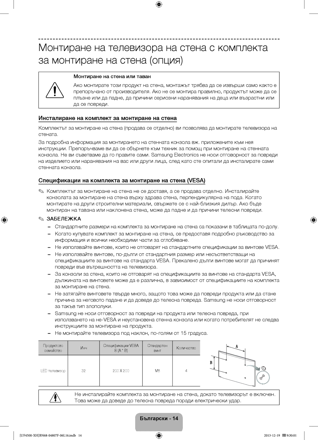 Samsung UE32F4500AWXXC Инсталиране на комплект за монтиране на стена, Спецификации на комплекта за монтиране на стена Vesa 