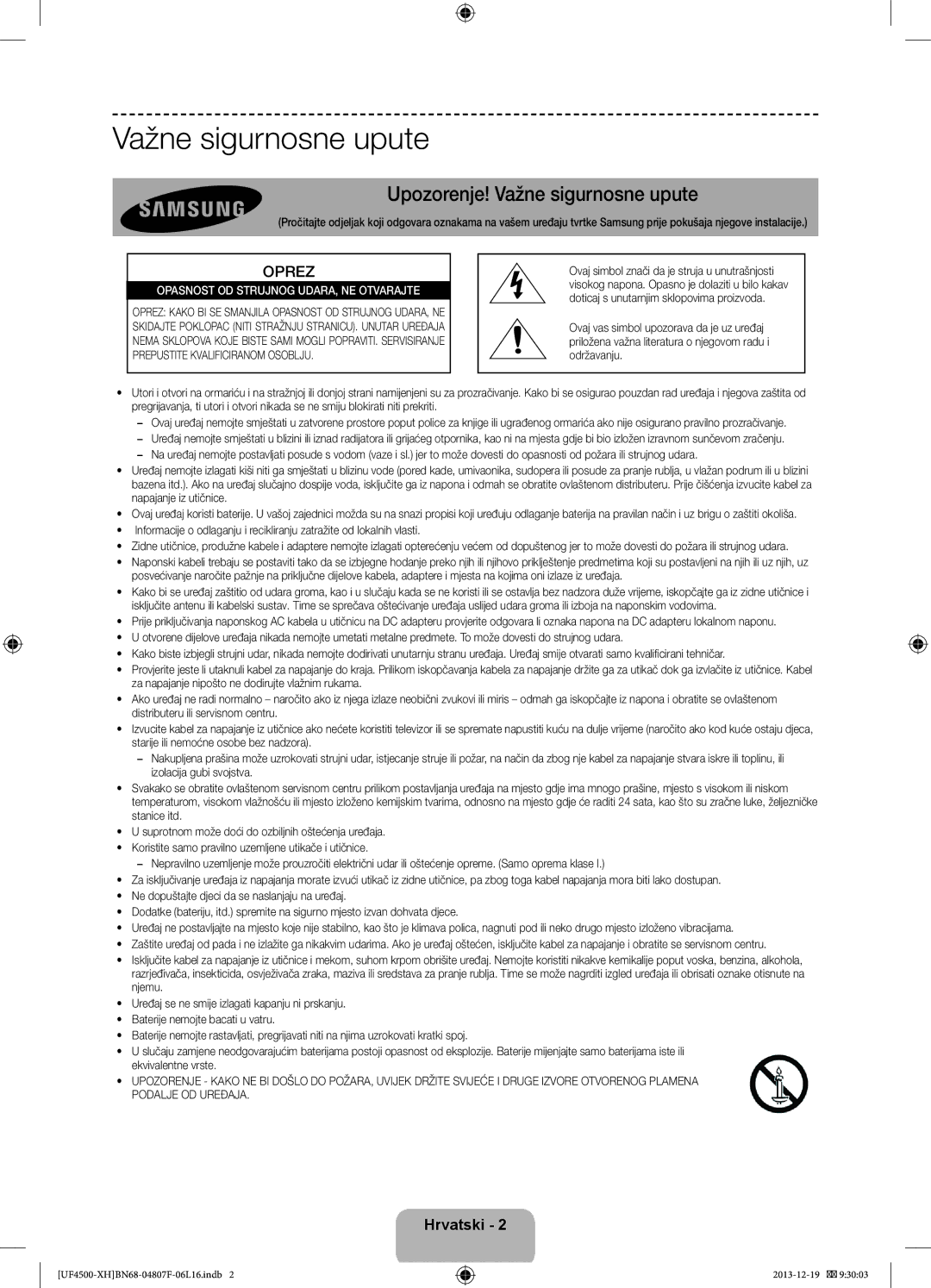 Samsung UE32F4510AWXZF, UE32F4510AWXZH, UE32F4500AWXZH manual Upozorenje! Važne sigurnosne upute, Oprez, Hrvatski 