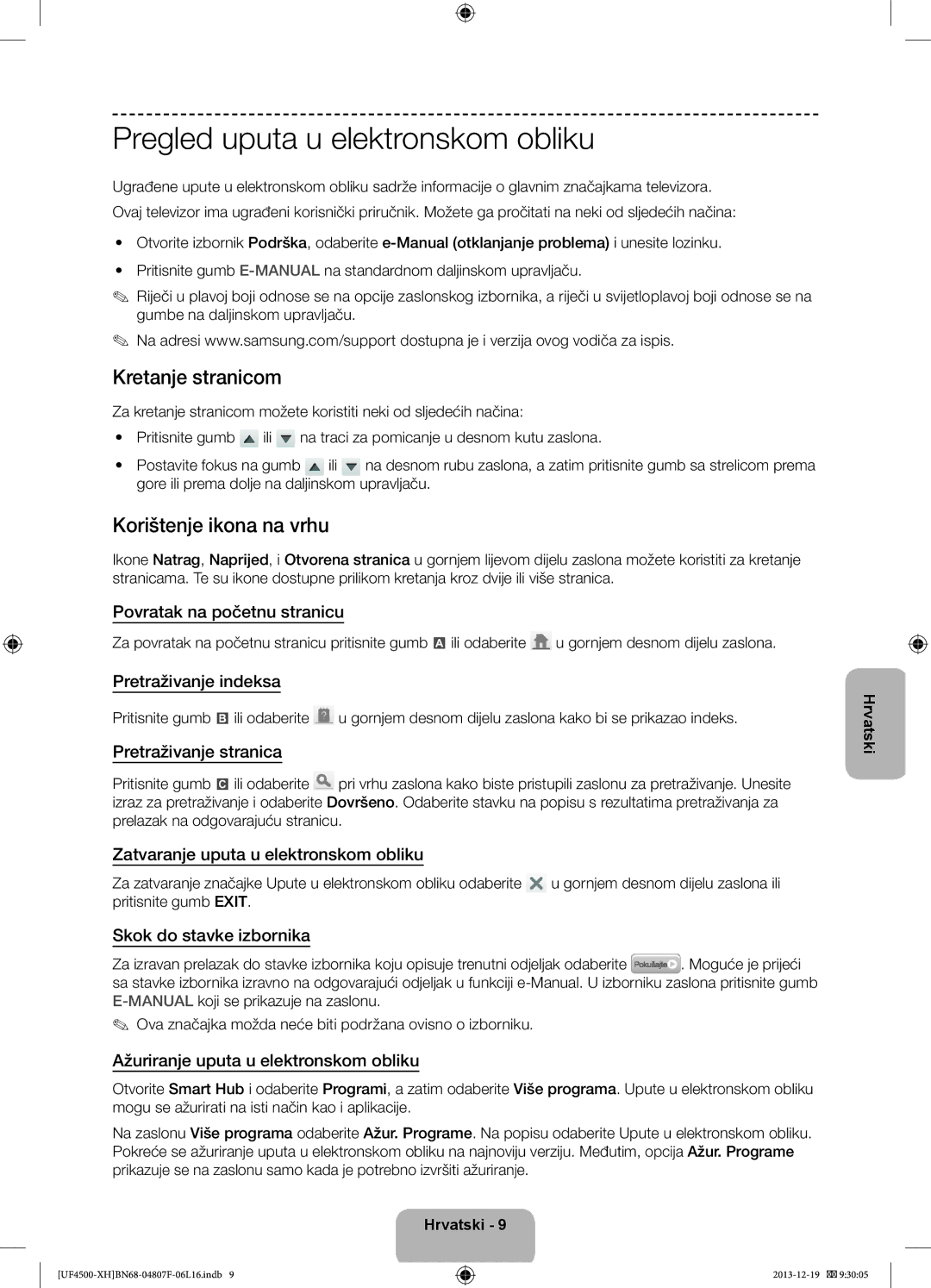 Samsung UE32F4500AWXZF, UE32F4510AWXZH Pregled uputa u elektronskom obliku, Kretanje stranicom, Korištenje ikona na vrhu 