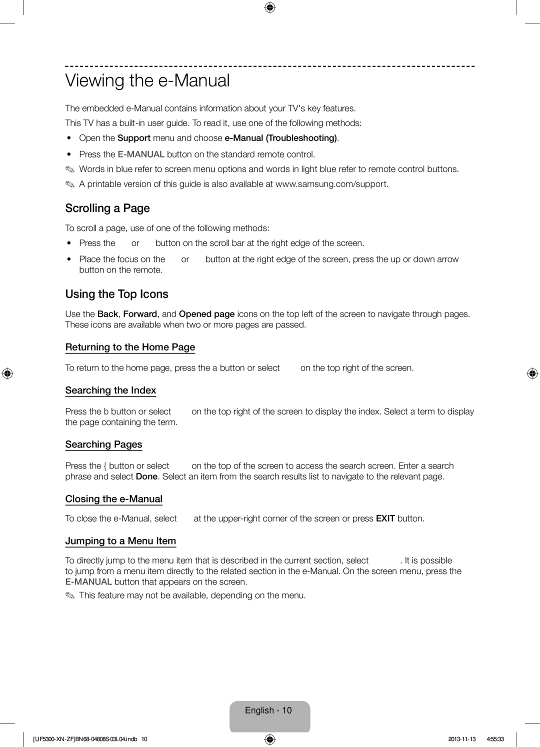 Samsung UE32F5300AWXZF manual Viewing the e-Manual, Scrolling a, Using the Top Icons 