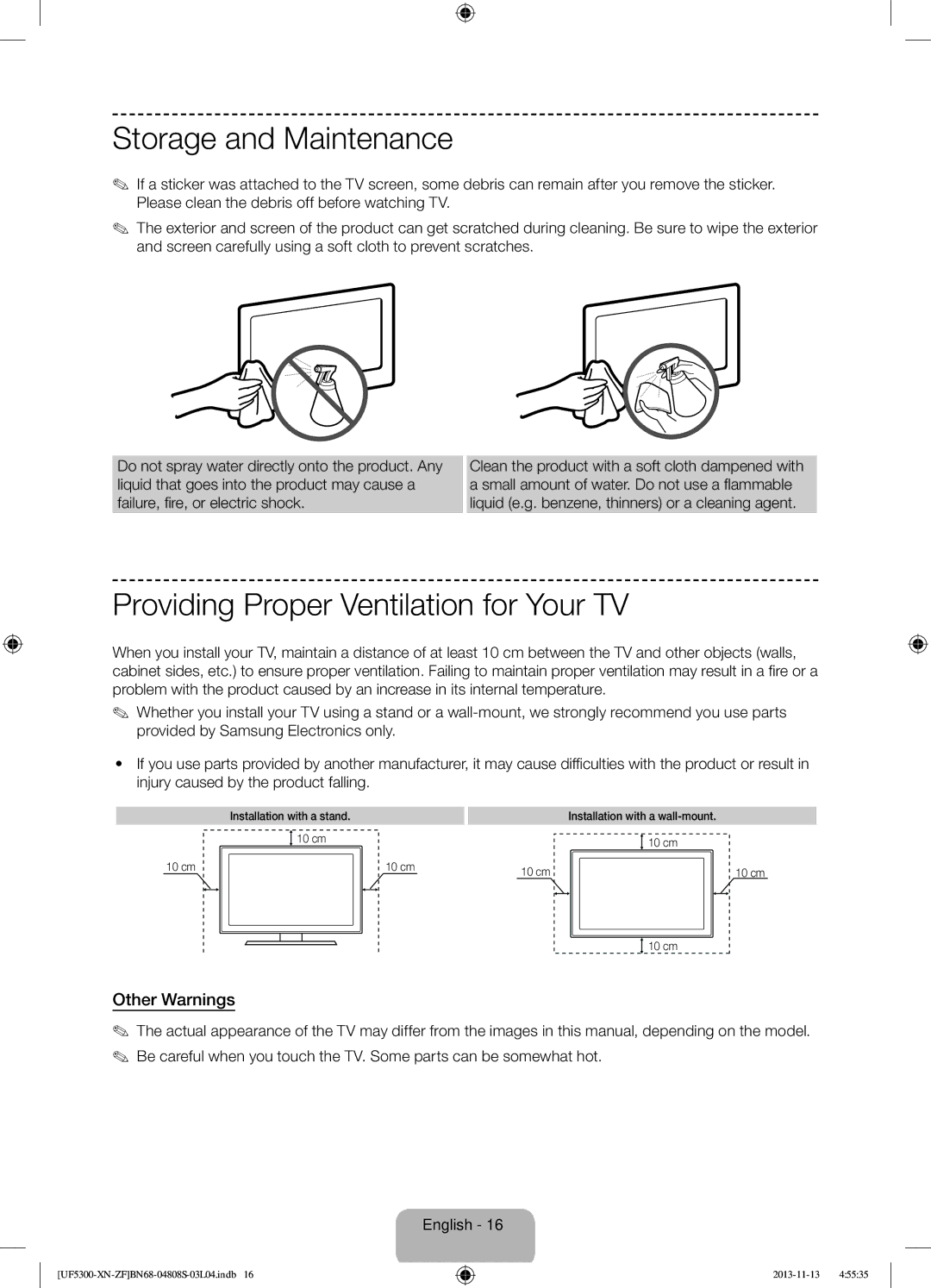 Samsung UE32F5300AWXZF manual Storage and Maintenance, Providing Proper Ventilation for Your TV, Other Warnings 