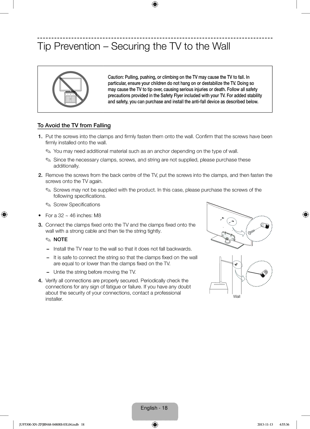 Samsung UE32F5300AWXZF manual Tip Prevention Securing the TV to the Wall, To Avoid the TV from Falling 