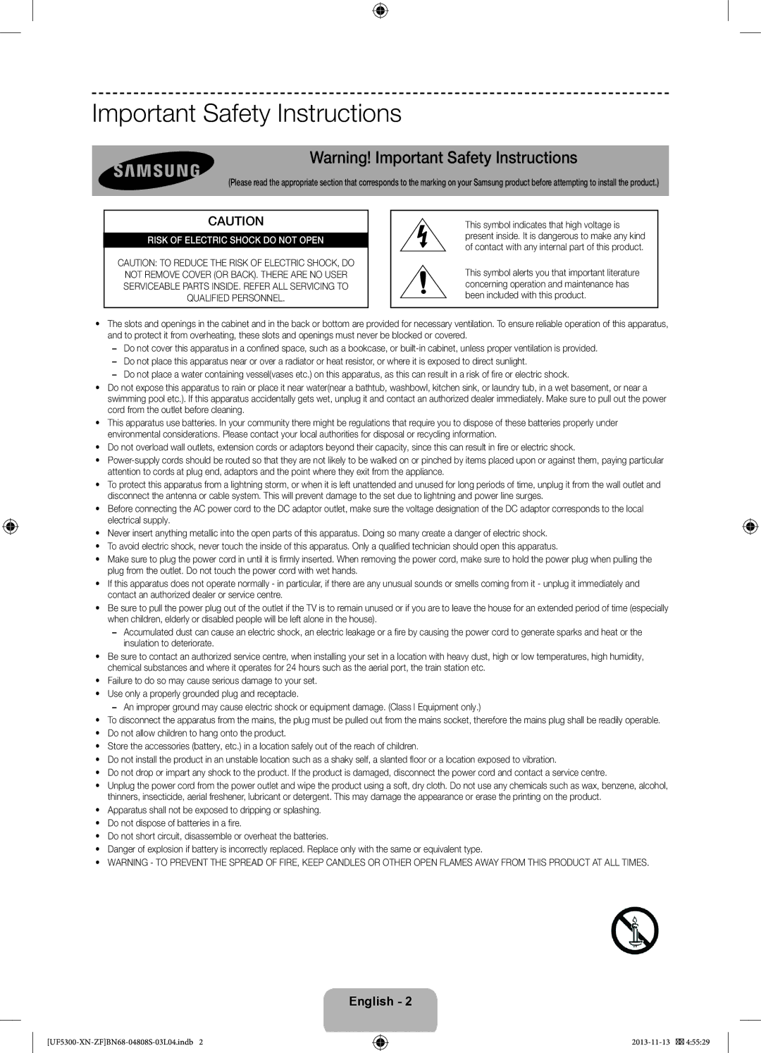 Samsung UE32F5300AWXZF manual Important Safety Instructions, Risk of Electric Shock do not Open 