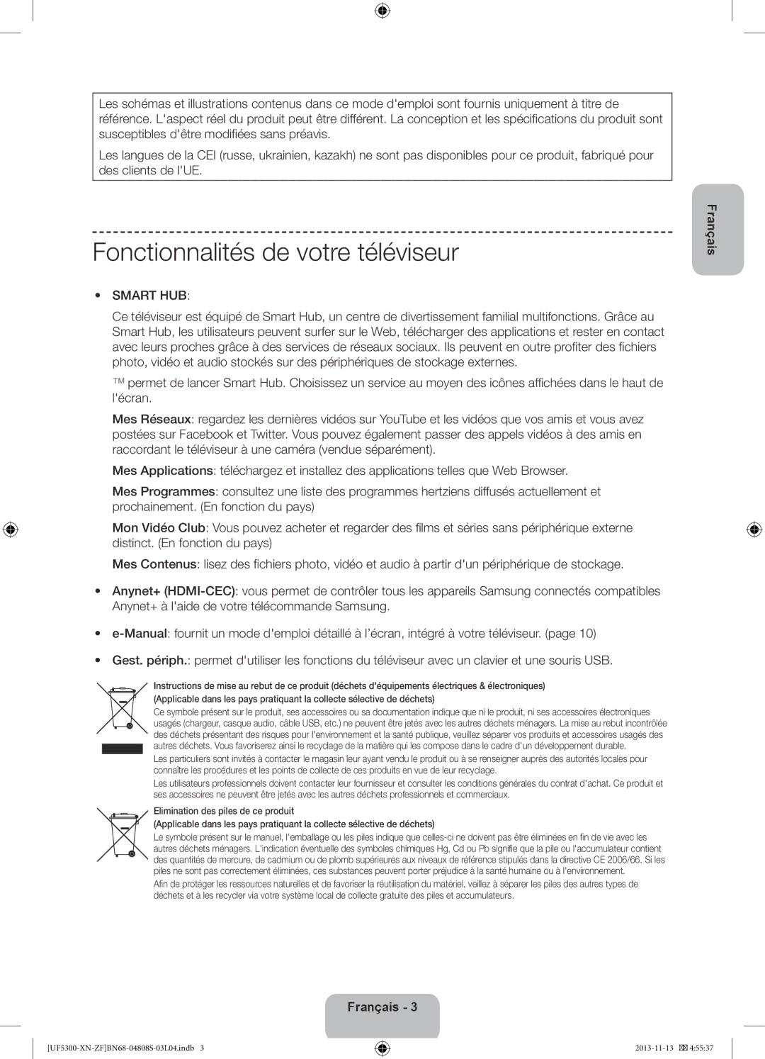 Samsung UE32F5300AWXZF manual Fonctionnalités de votre téléviseur 