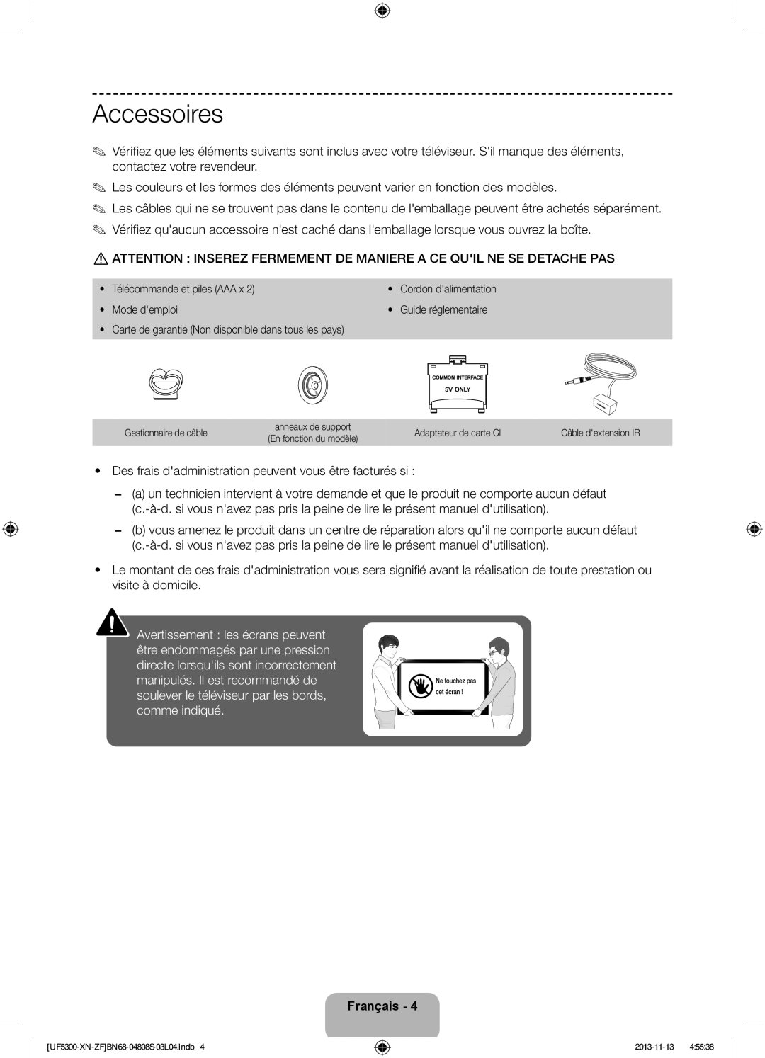 Samsung UE32F5300AWXZF manual Accessoires, Cordon dalimentation, Guide réglementaire, Gestionnaire de câble 