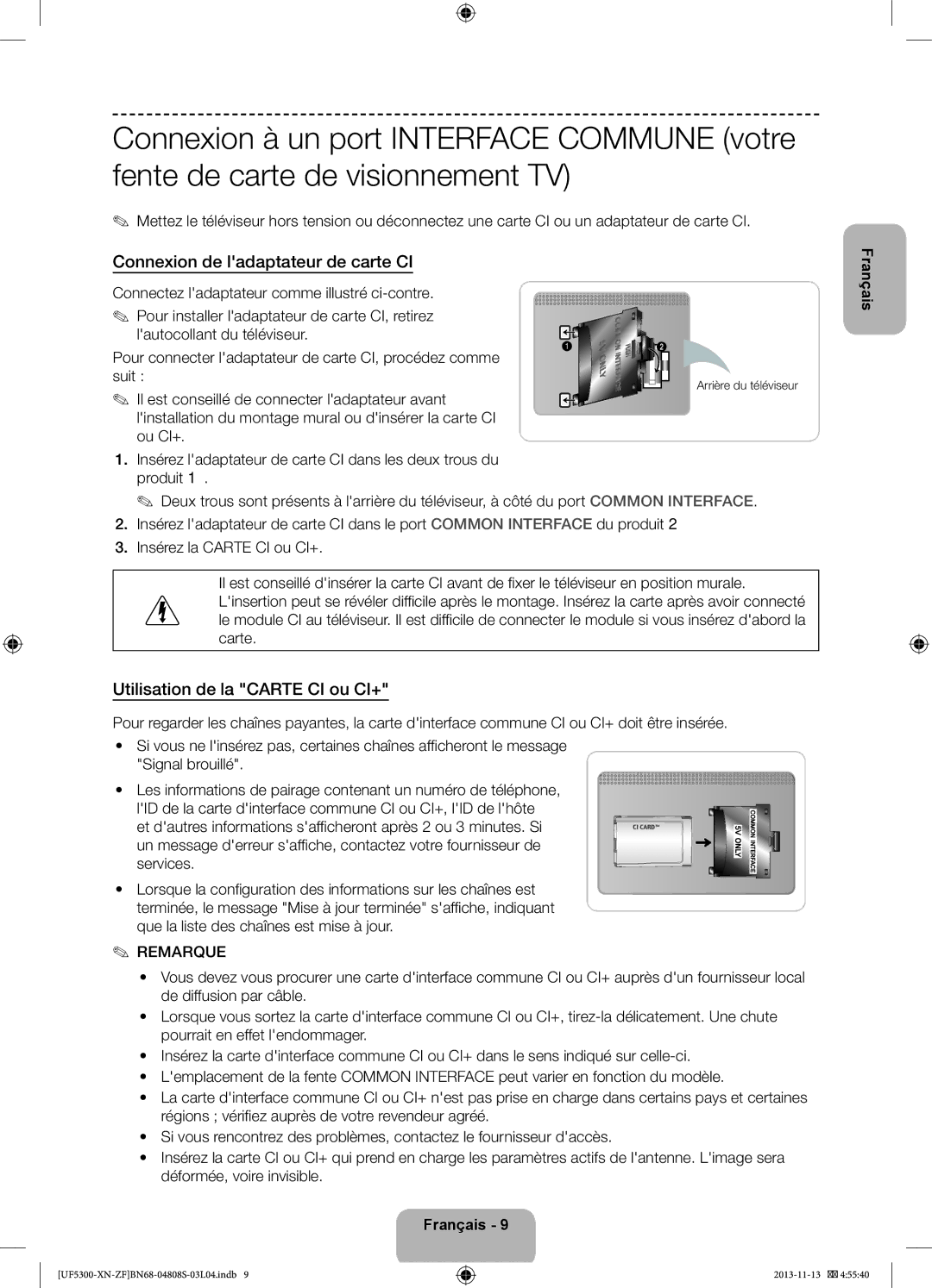 Samsung UE32F5300AWXZF Connexion de ladaptateur de carte CI, Utilisation de la Carte CI ou CI+, Arrière du téléviseur 