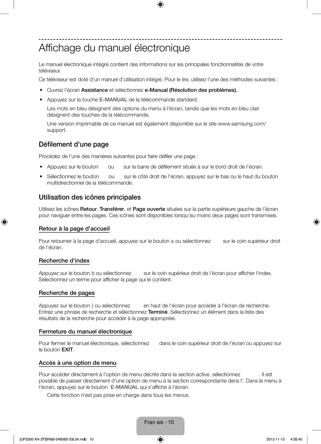 Samsung UE32F5300AWXZF manual Affichage du manuel électronique, Défilement dune, Utilisation des icônes principales 