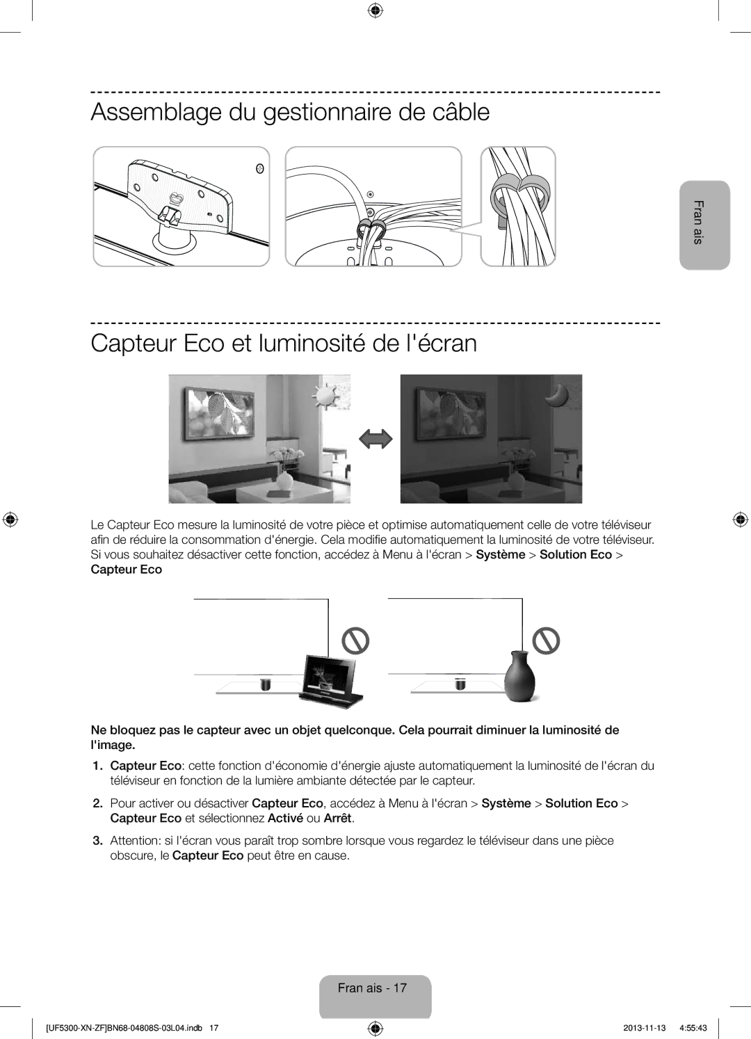 Samsung UE32F5300AWXZF manual Assemblage du gestionnaire de câble, Capteur Eco et luminosité de lécran 