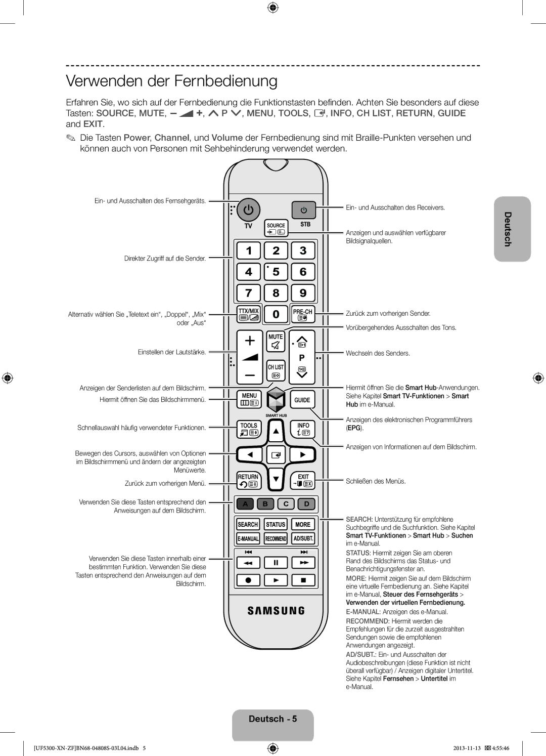 Samsung UE32F5300AWXZF manual Verwenden der Fernbedienung 