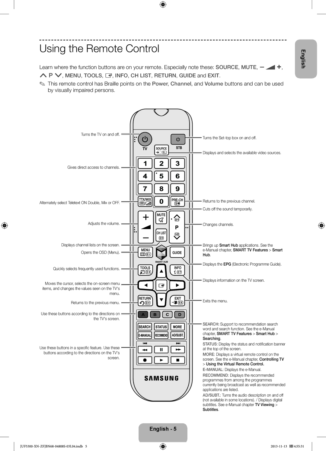 Samsung UE32F5300AWXZF manual Using the Remote Control 